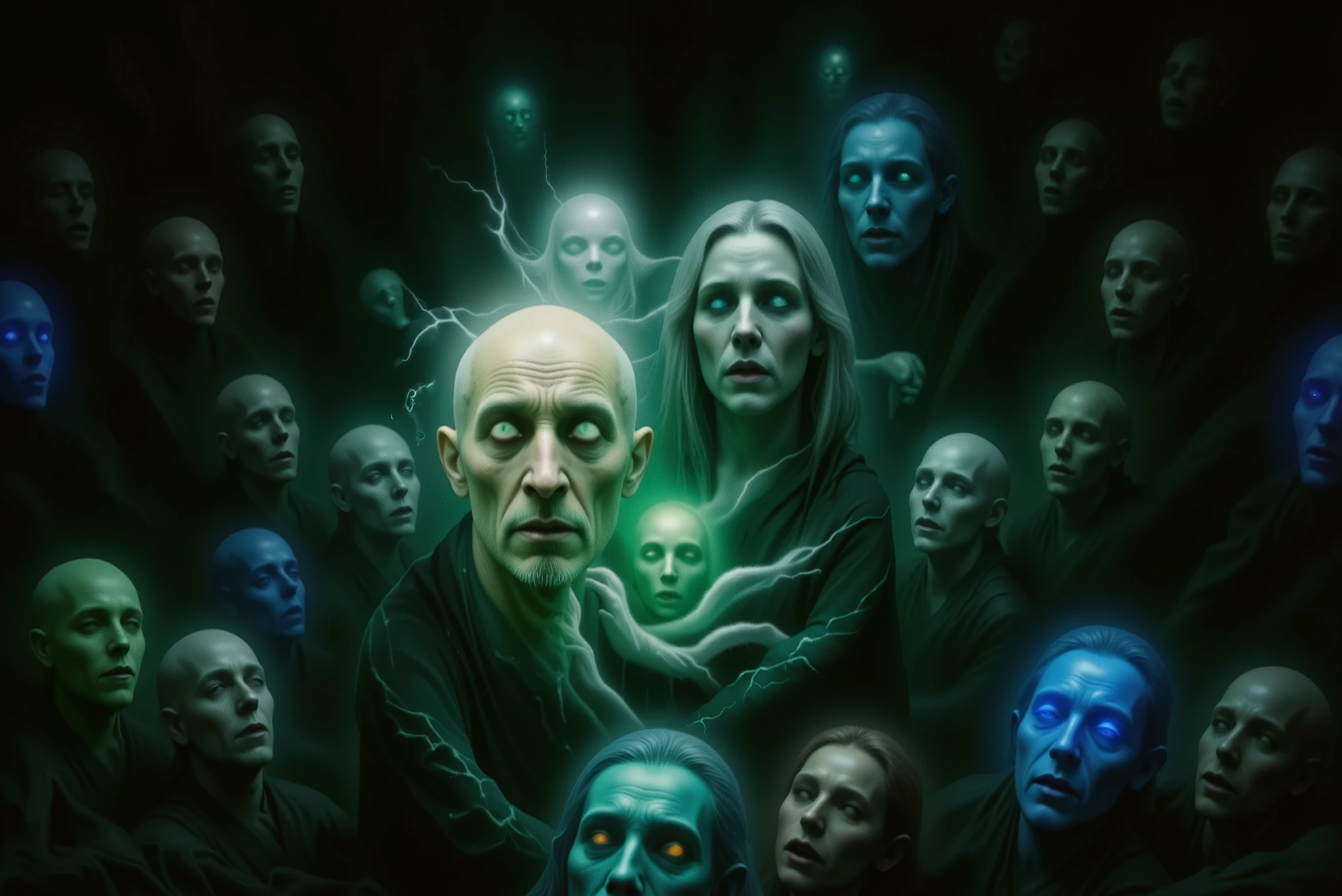 A dark fantasy scene in realistic oil painting style, viewed from above. The setting is the River Styx, flowing deep within a vast subterranean cavern. The water is black and turbulent, swirling with unnatural currents. From its surface, ghostly faces begin to emerge — some fully formed, others fading in and out of the ripples. Each face glows faintly, surrounded by an ethereal aura in shades of green or blue. Their expressions vary: anguish, sorrow, rage, and silence. The faces appear to be part of the water itself, as if the river carries the souls of the dead within its flow.