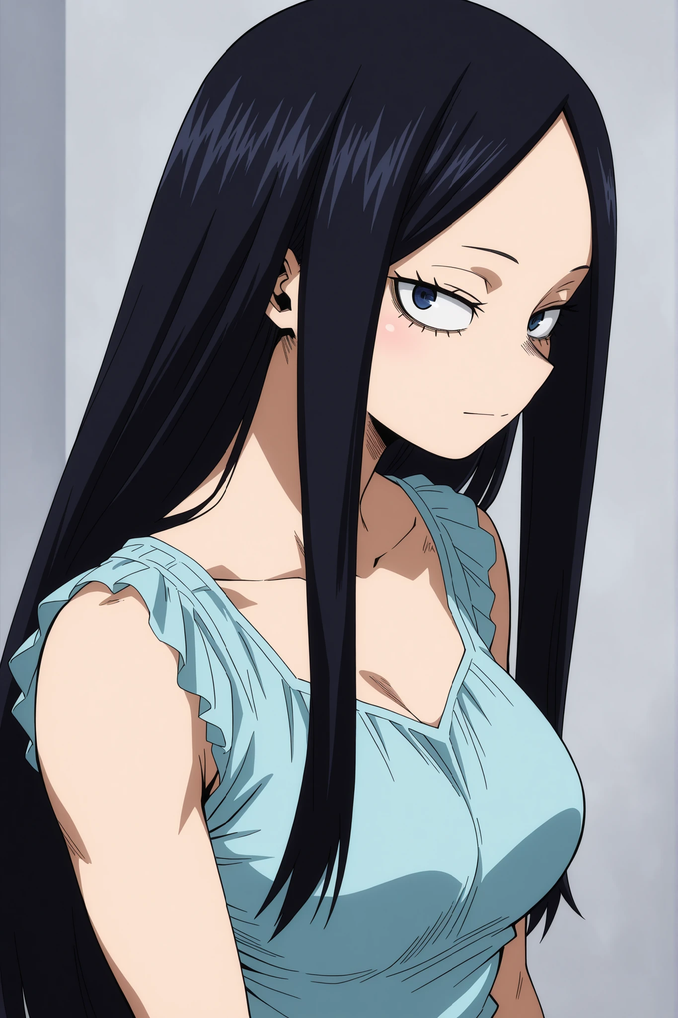 my hero academia style, 1girl, solo, sharp eyes, long hair, no bangs, blue eyes, black hair, straight hair, fair skin 