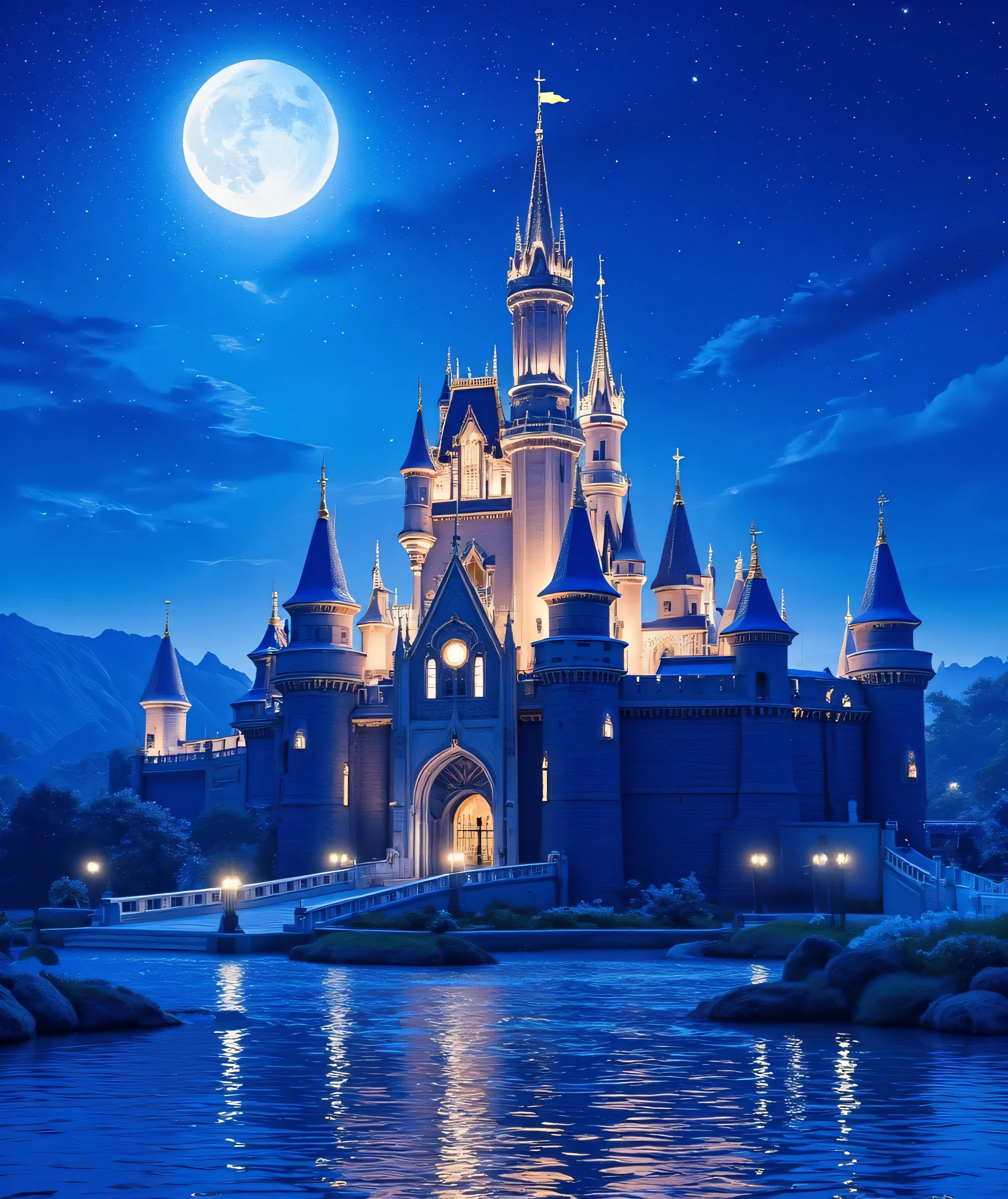 (((masterpiece:1.5、Highest Quality、high resolution:1.3、Super-resolution、Super Detailed、Super Detailed:1.3))) gothic architecture、A beautiful temple-like castle like the Parthenon、Night Sky、columns and stone statues like the Parthenon、丘の上にis standing城、There is another house at the foot々is standing、That castle is illuminated by light、Lakeside Castle