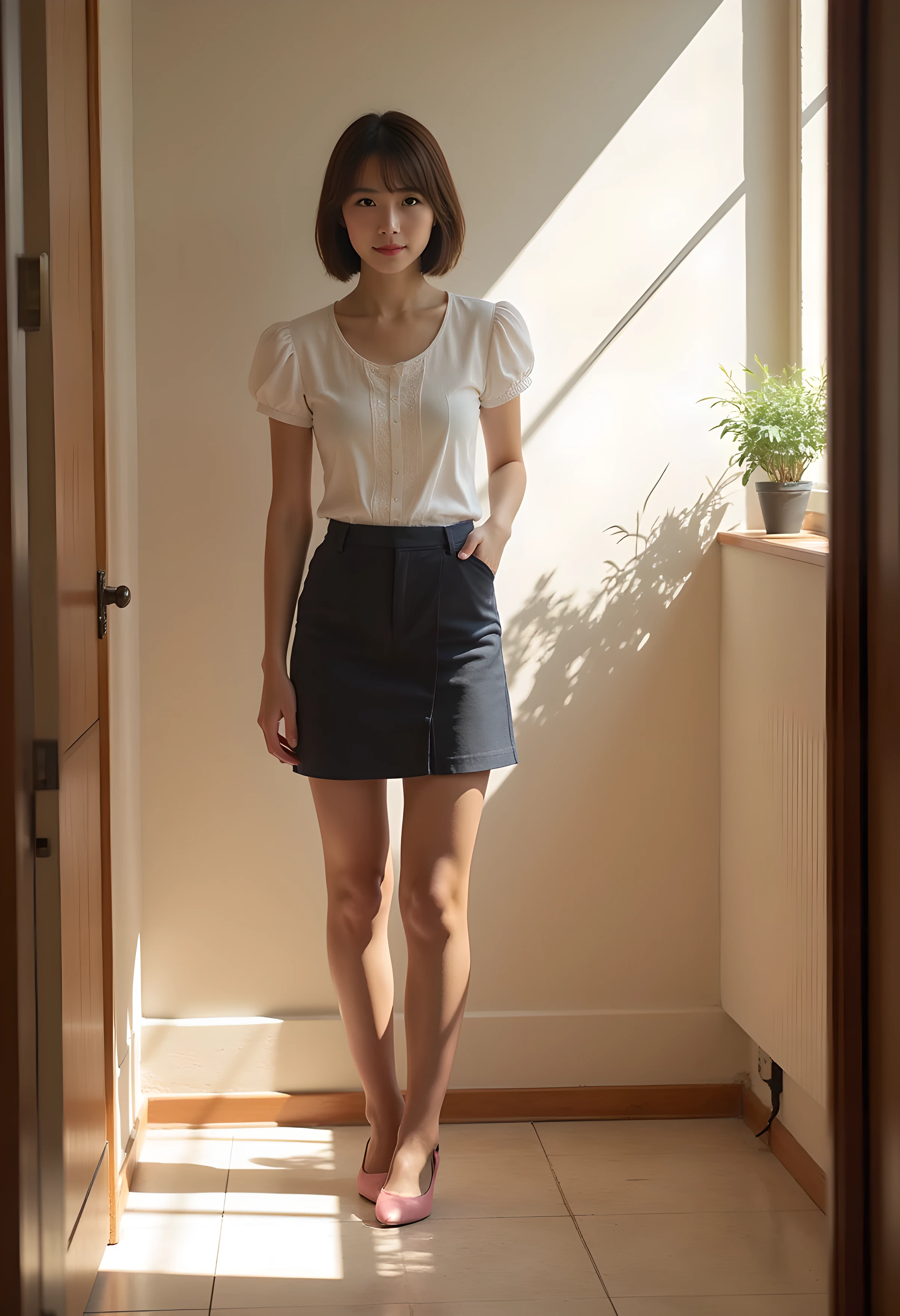 super real , Photorealistic , (Full body image:1.5), she looks so happy , shadow, Global Illuminations , Alone, (Japanese woman in her 20s :1.5), Very Beautiful、 Cute Smiles , vinegar, brown hair , Beautiful legs , Long, slender legs , すり身ウエvinegarト , She's wearing a receptionist ,バvinegarガイドのを着ています , turn your body forward、 white hair,full body photo ,Please take a picture up to the tip of your foot ,wear brown pantyhose on her legs ,When the light hits stockings, they reflects beautifully.,wearing pink high heels ,