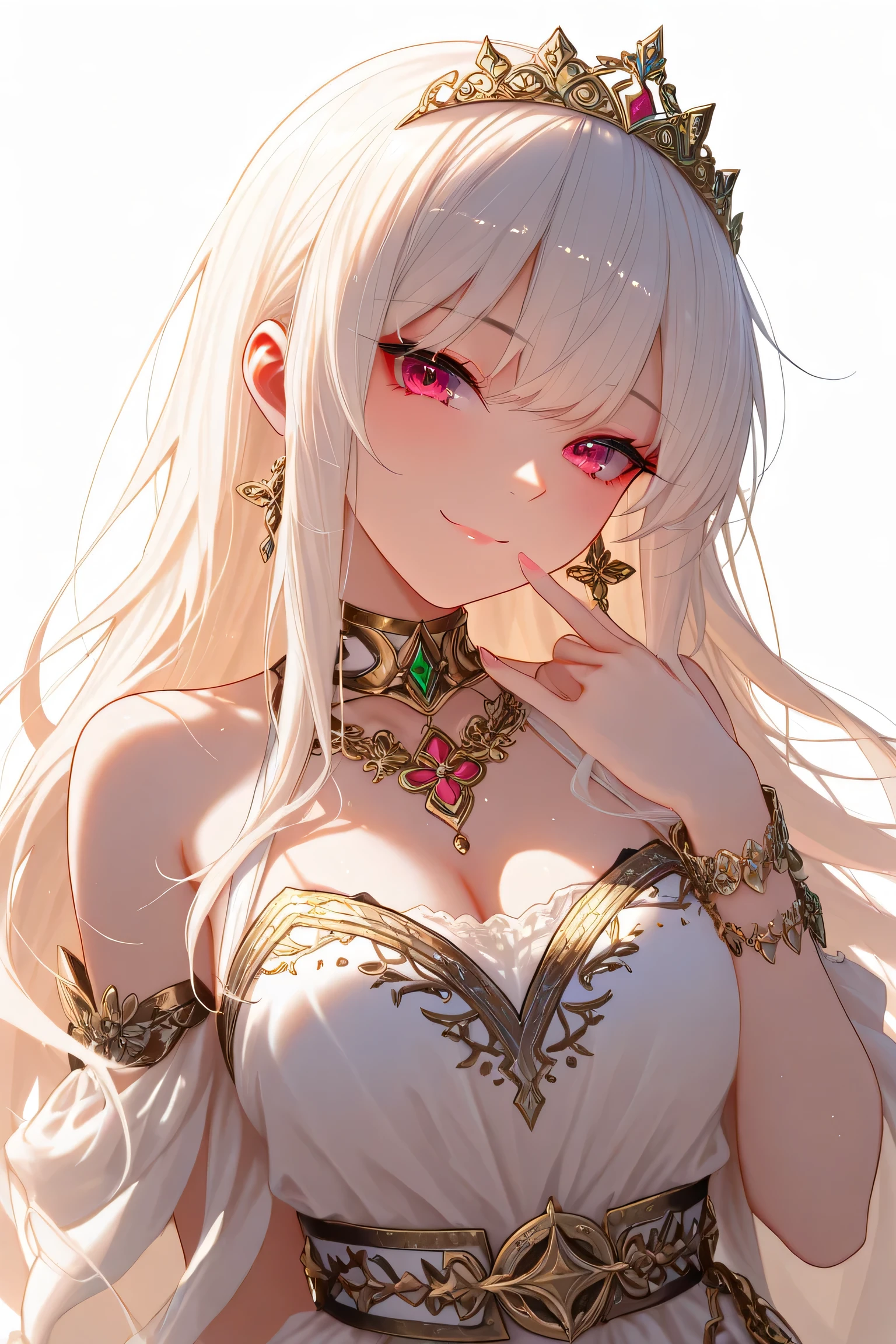 A graceful woman poses confidently in a studio setting with a clean white background. She wears an ornate white and gold costume featuring a jeweled bra top, a decorative belt with chains, and matching accessories including a tiara, necklace, bracelets, and garters. Her expression is warm and inviting, with a soft smile and one hand raised in an elegant gesture. The outfit evokes a fantasy or performance theme, blending regal elegance with playful charm. Render in a semi-realistic anime style with soft lighting, detailed textures, and a focus on the shimmer of gold accents and the character’s poised demeanor.