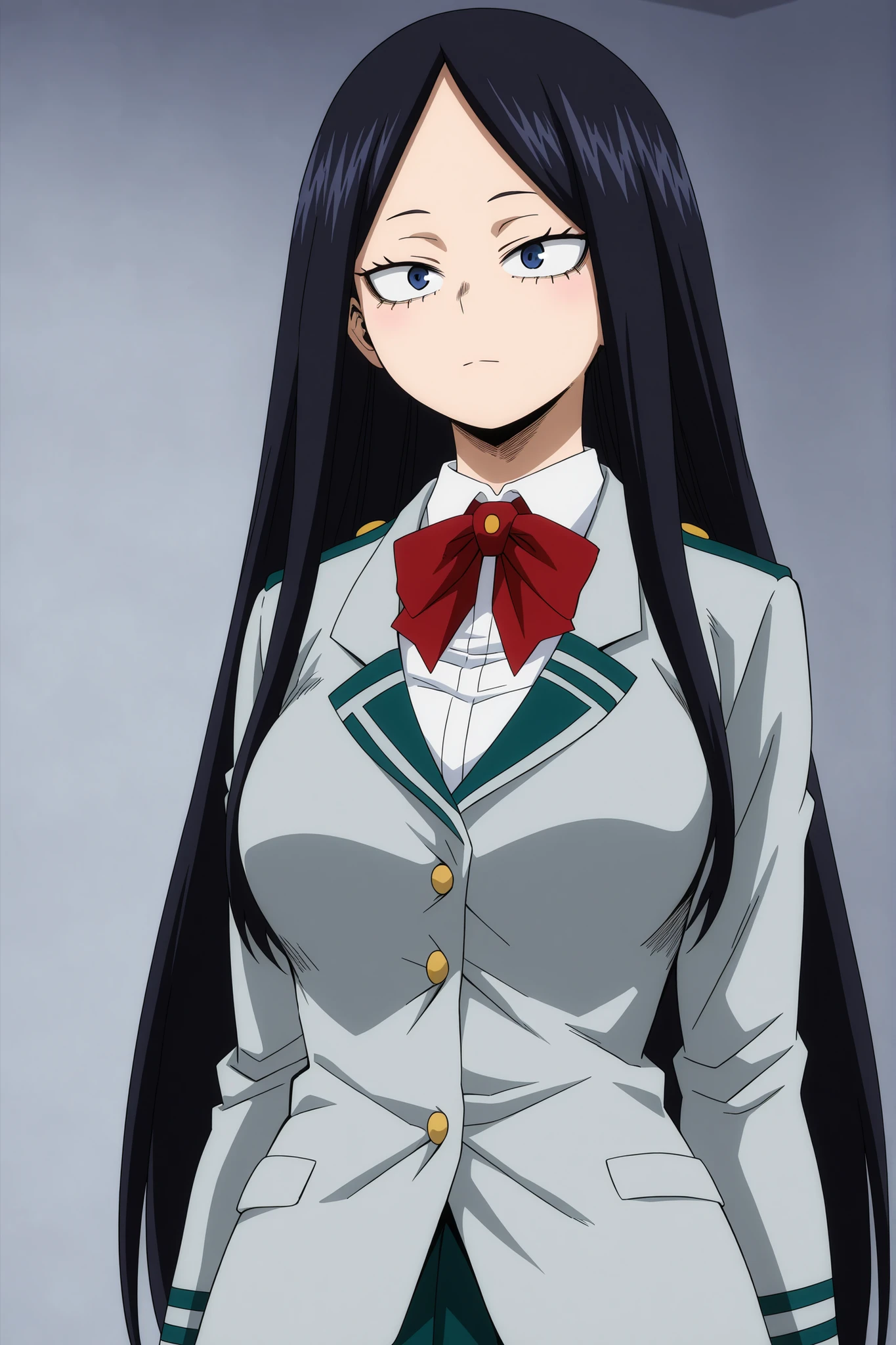 my hero academia style, 1girl, solo, sharp eyes, long hair, no bangs, blue eyes, black hair, straight hair, fair skin, school uniform