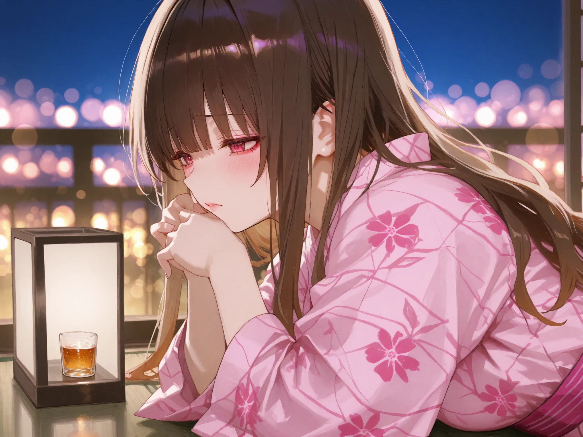 doll、小さなdoll、pink yukata、garbage dump、beautiful、Deep brown hair、sad expression、minimum、市松doll、4K ultra-high resolution、high quality、Realistic、reproduced in extreme detail、is shy while、Vibrant Colors、Bokeh precise portrait 、Graceful Posture、Dusk Light、 rugs to lay、marble、glass、elegant atmosphere、Artistic Composition