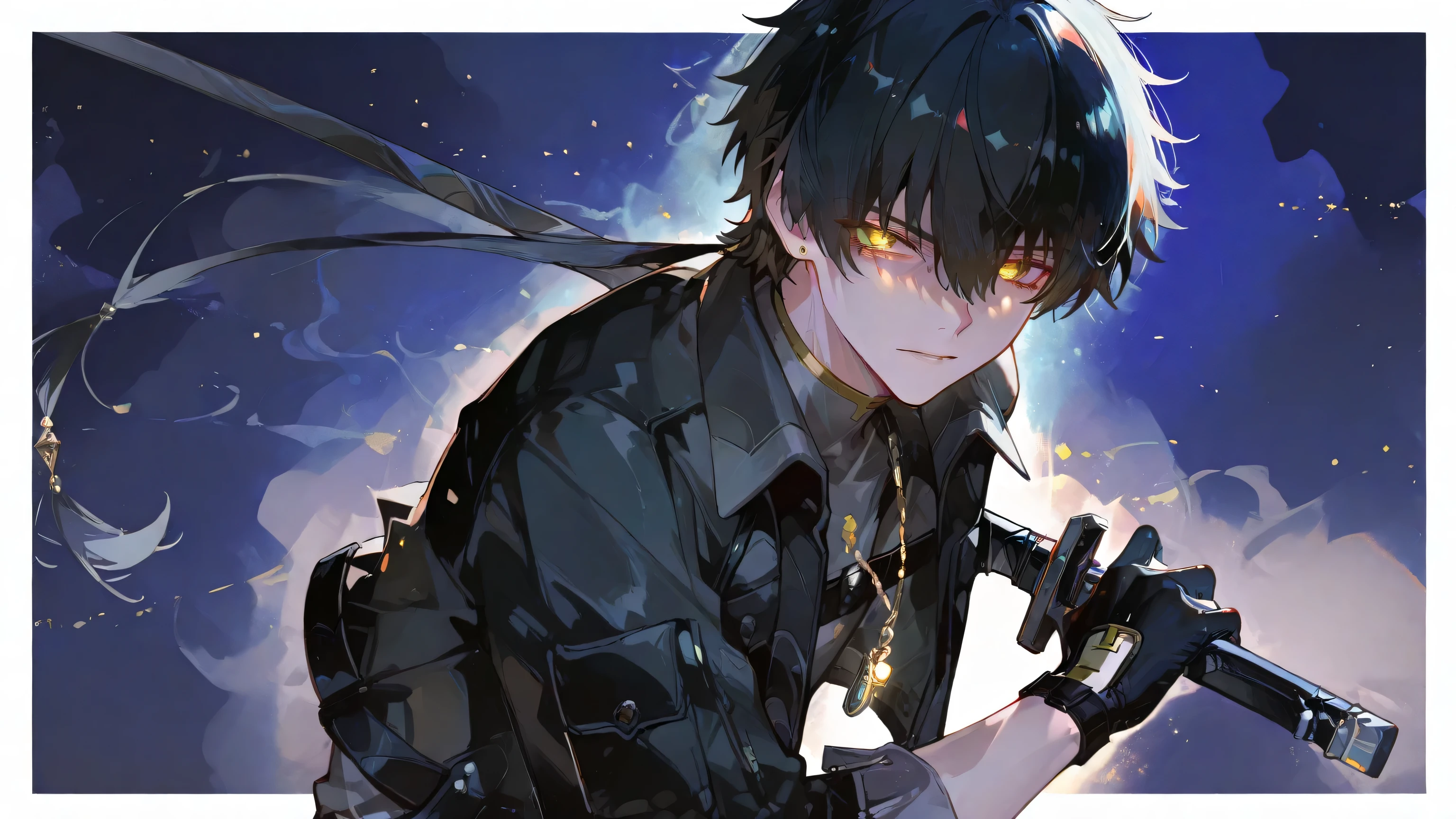 (masterpiece after , Top Quality, Official Art:1.2), Milutel, 1 boy, Male Focus, solo, yellow eyes, brunette, bangs, hair between eyes, long hair, Low Ponytail, Wear a wig, jewelry, earrings, necklace, shirt, grey shirt, jacket, black jacket, open jacket, , cropped jacket, Gloves, black Gloves, Dark face, sparkling eyes, masterpiece after , best quality, Movie lights, amazing quality, Very beautiful, Ridiculous, best quality, 4K, enlarge, Era_Eratyled, (((EraOLO)) abstract background, colorful background, Visible throughout the body, (masterpiece after :1.2), (best quality:1.2), (amazing quality:1.2), (beautiful eyes in the pool, meticulous eyes:1.2), cinematic shadows, white border , dark blue background, (Sword removal)