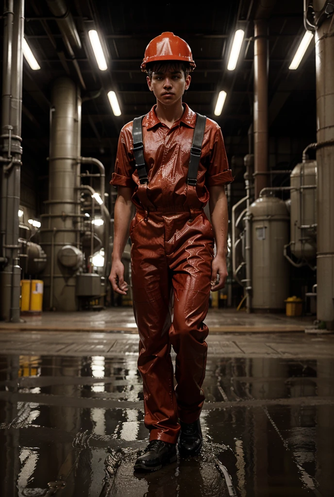 a highschool boy sit barefoot in a prison cell, putting on whites Hunter rubber boots and wearing a yellow prison jumpsuit