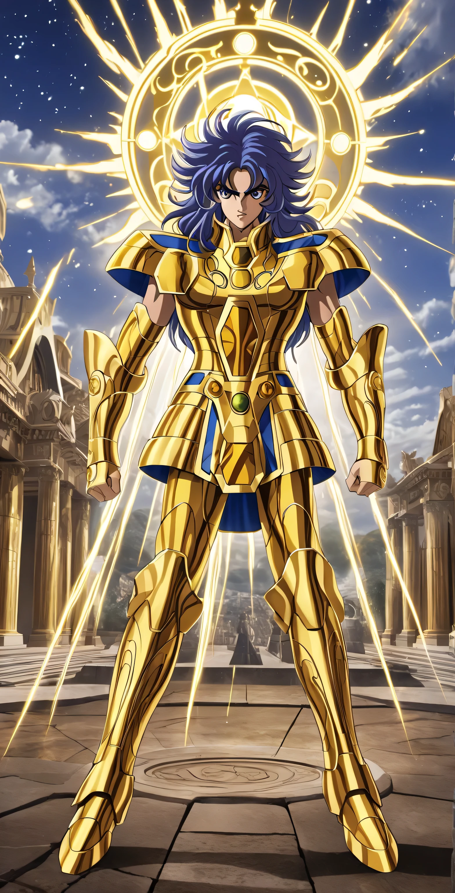 masterpiece, the best quality, anime, Golden Saint, the saga of the twins, full view, Gemini Zodiac Temple, looking at the viewer, High resolution, tall detailed, Saint Seiya anime Style, stunning visual cg