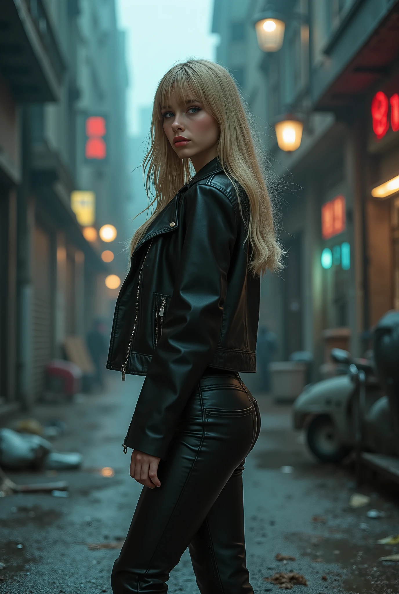 full body Realism , 18-year-old girl , long blond hair , bangs falling on her face , blue eyes , slightly open mouth , red lips , beautiful hairstyle , light makeup , round breasts , in a leather jacket , tight leather pants , black brea beautiful shoes on her feet , walking city street in the background , detailed appearance , detailed hairstyle , detailed environment , detailed background , dark futuristic dead city in the background , the photo was taken with a photorealistic SLR camera , resolution full hd , 8K