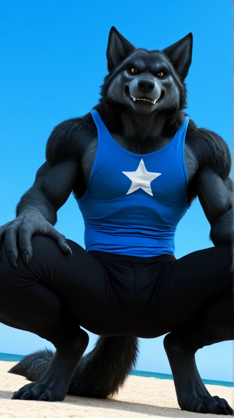 Male black werewolf, blue tank top, white star print, furry,  squatting in the front, squatting , on the outside, cuerpo completo, wolf tail , looking at the spectator, Dark black fur, amber eyes , anthropomorphic wolf, in front al espectador , in front, vista frontal , Ripped and tight pants, on the beach,  sky blue, Blue Sea,  sunny day, clawed feet, male werewolf, seen from below, perspective from below 