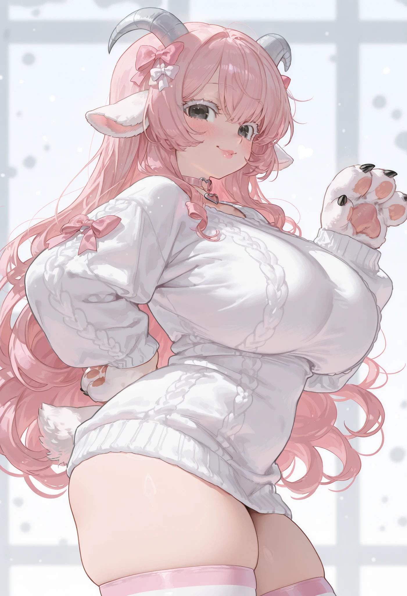 1girl, white ram ears, curly fluffy pink hair, pink bows in hair, long hair, black eyes, long white eyelashes, big breasts, fluffy white sweater, heart choker, lamb paws, lamb ears, thick thighs, thigh highs, blush, big lips, cute look, thicker, lamb tail, from side, clevage, thigh highs, smile , dynamic pose