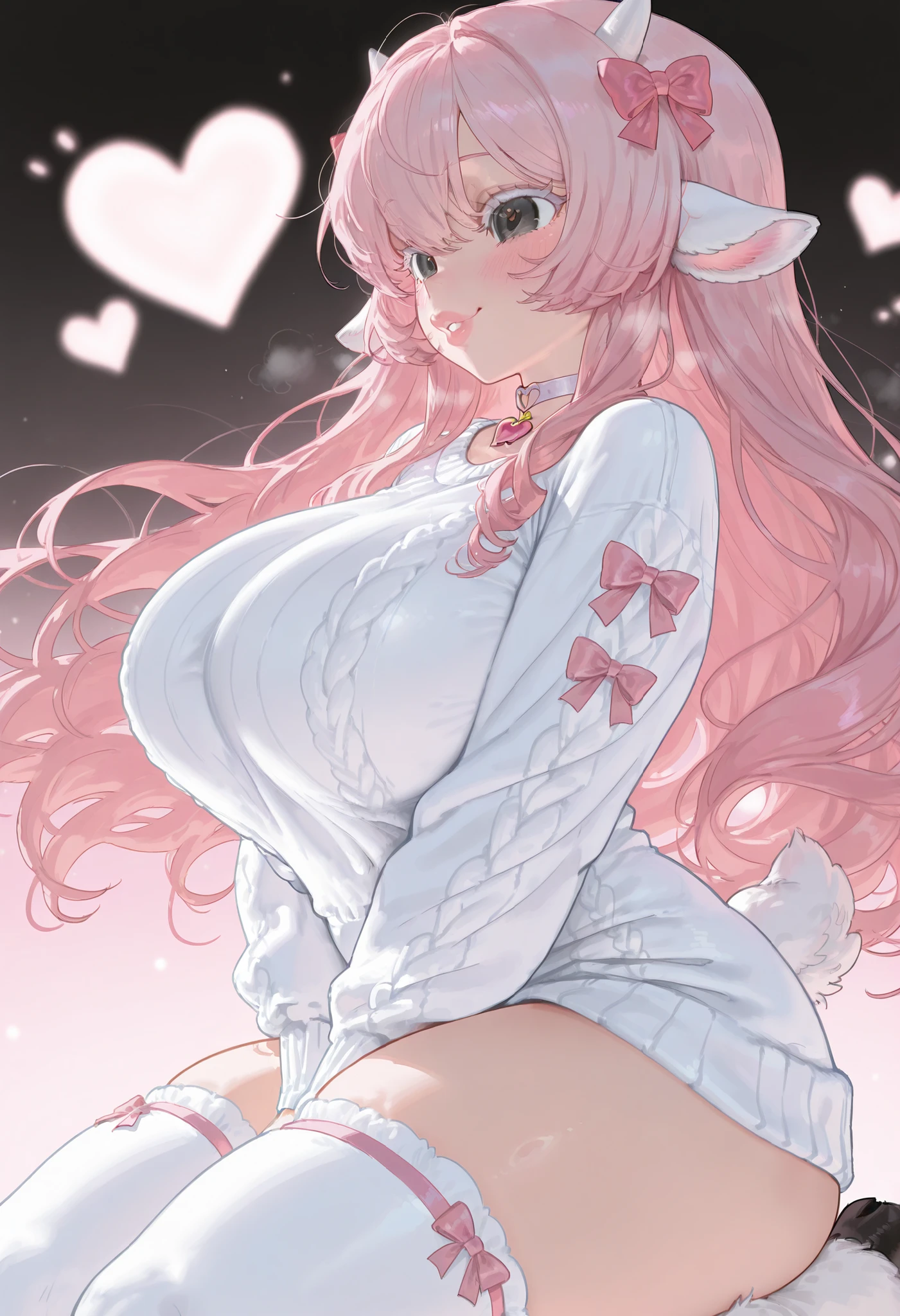 1girl, white ram ears, curly fluffy pink hair, pink bows in hair, long hair, black eyes, long white eyelashes, , fluffy white sweater, heart choker, lamb hooves, lamb ears, thick thighs, thigh highs, blush, big lips, cute look, thicker, lamb tail, from side, clevage, thigh highs, smile , dynamic pose

