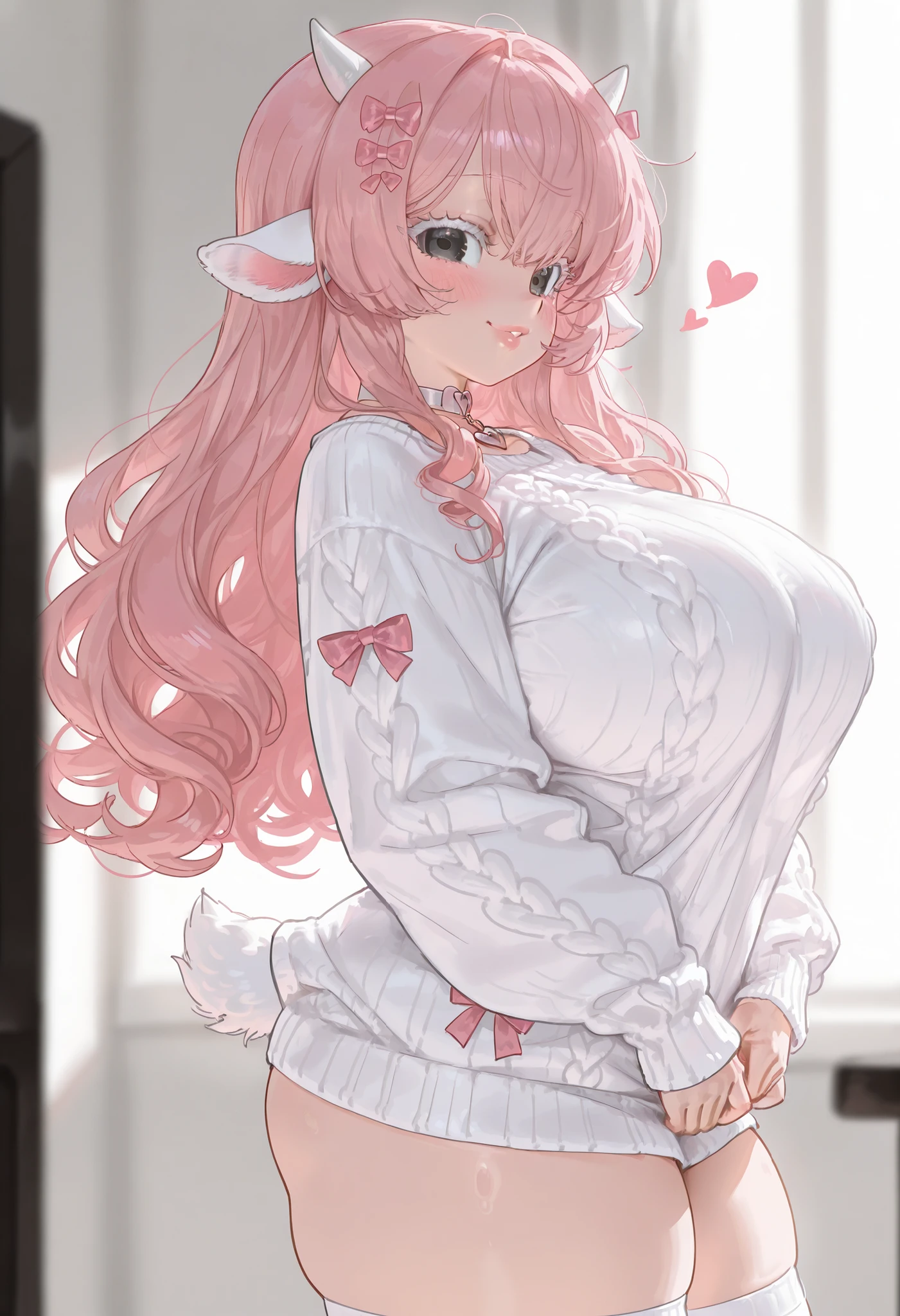 1girl, white ram ears, curly fluffy pink hair, pink bows in hair, long hair, black eyes, long white eyelashes, , fluffy white sweater, heart choker, lamb hooves, lamb ears, thick thighs, thigh highs, blush, big lips, cute look, thicker, lamb tail, from side, clevage, thigh highs, smile , dynamic pose
