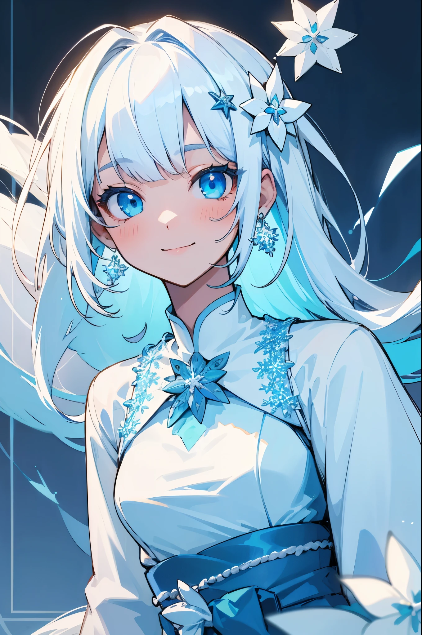 (best quality,highres:1.2),portrait,white hair,long hair,blue eyes,girl,big chest,soft bangs,small white flower brooch,small snowflake earrings,white and blue color tones,clothing with a cheerful smile