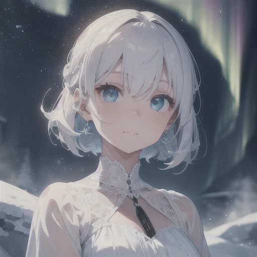 masterpiece、Highest quality、Beautiful expression、Absurd、Extraordinary World、Beauty、solo、Idol、(Cowboy Shot、Light blue ruffle lace long dress、white collar、White Ruffled Cuff、particle:1.5)、(bloom、Shine:1.4)、(Laughter)、(Short white hair、blue eyes:1.7)、Sharp focus、Photorealistic、High resolution、Most detailed、Very detailed、Detailed face and eyes、Sharp pupils、Realistic student、Sharp focus、 Shiny skin、Black Corset、Black pantyhose、(Dark Forest、moon、Dark Background:1.5)、Rim Light、dynamic, Cinema Lighting