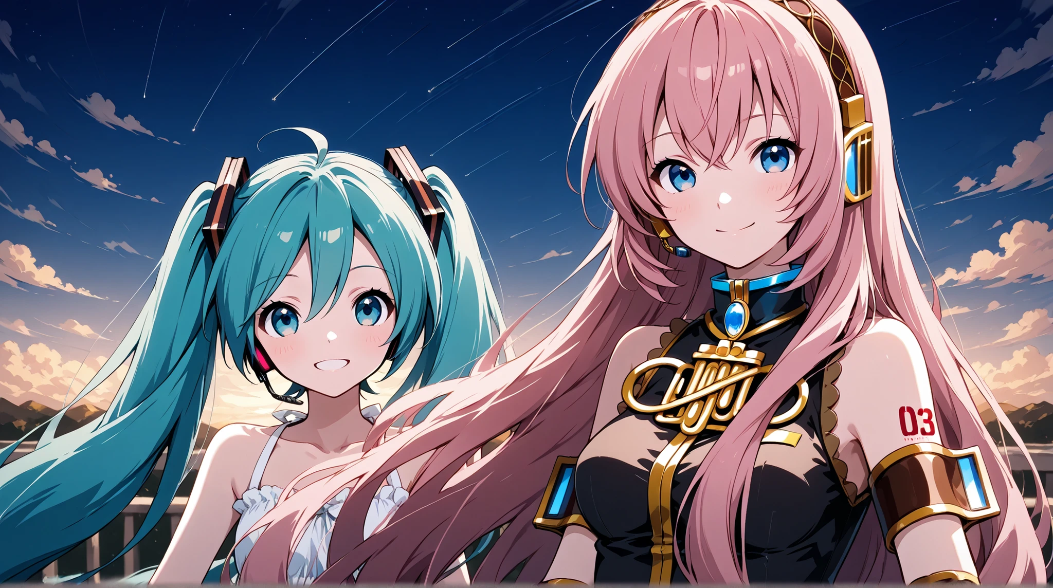 Megurine Luka,Hatsune Miku,high resolution, EXTERIOR, smile, mouth, Highest Quality