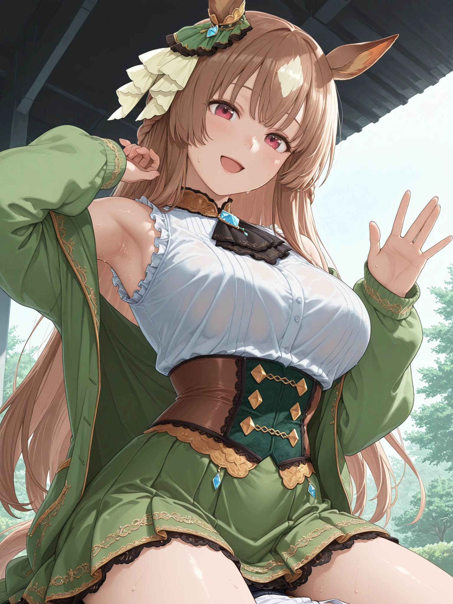 sleeveless,(Soft Touch, Delicate Body Curves,  Realistic human anatomy ,Armpit,sweat),score_9, score_8_up, score_7_up, Source_anime, solo, 1girl, satonodef , happy, waving with a smile, half updo, braids, sits on top of the beast ear, ear ornament, frills, green dress, green jacket, white shirt, Black Ascot, Oversized sweatshirt with sleeves over fingertips , frills袖, corset, green skirt,  black thigh , Jirio Mahonoji, Outdoors 