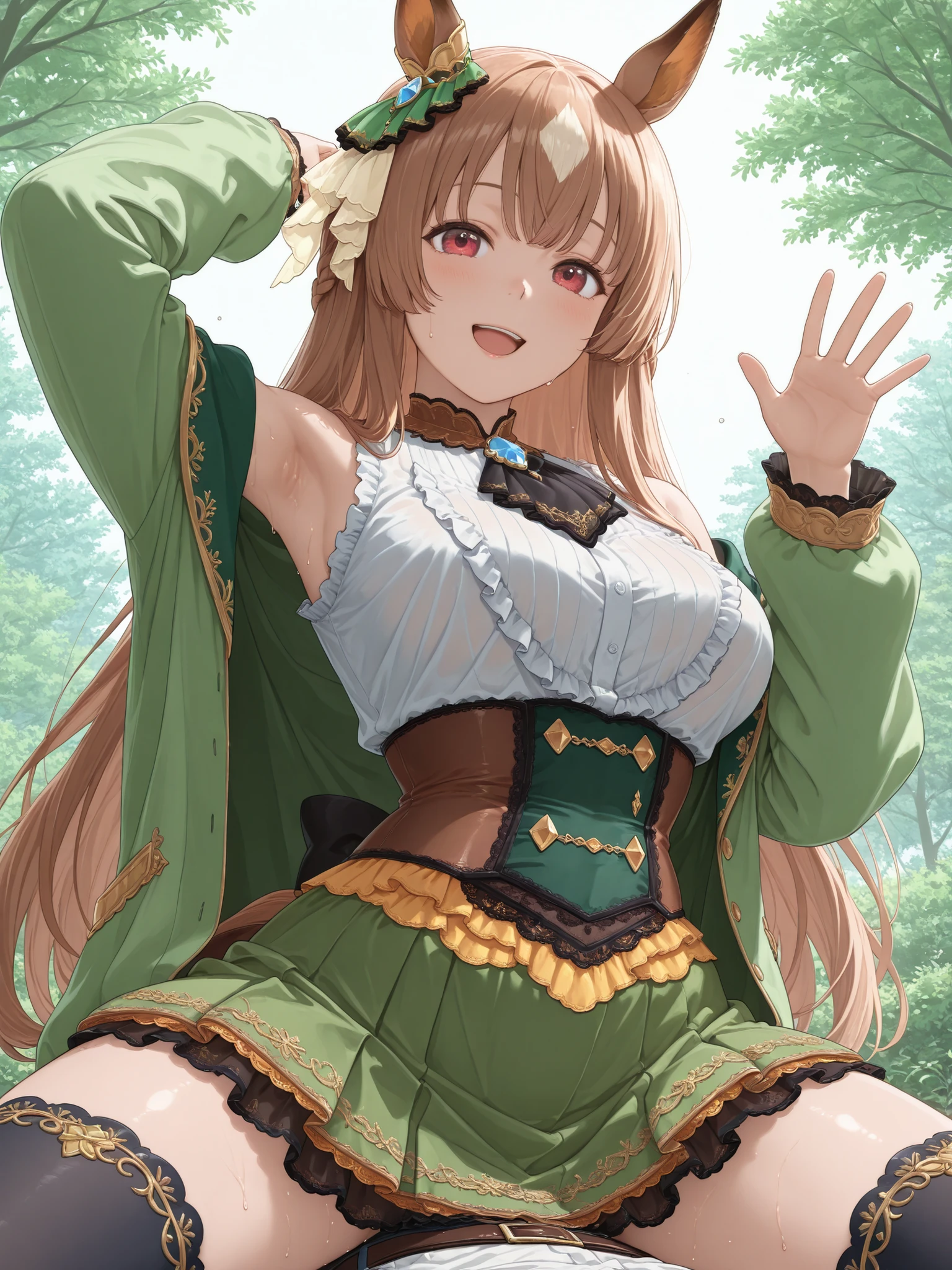 sleeveless,(Soft Touch, Delicate Body Curves,  Realistic human anatomy ,Armpit,sweat),score_9, score_8_up, score_7_up, Source_anime, solo, 1girl, satonodef , happy, waving with a smile, half updo, braids, sits on top of the beast ear, ear ornament, frills, green dress, green jacket, white shirt, Black Ascot, Oversized sweatshirt with sleeves over fingertips , frills袖, corset, green skirt,  black thigh , Jirio Mahonoji, Outdoors 