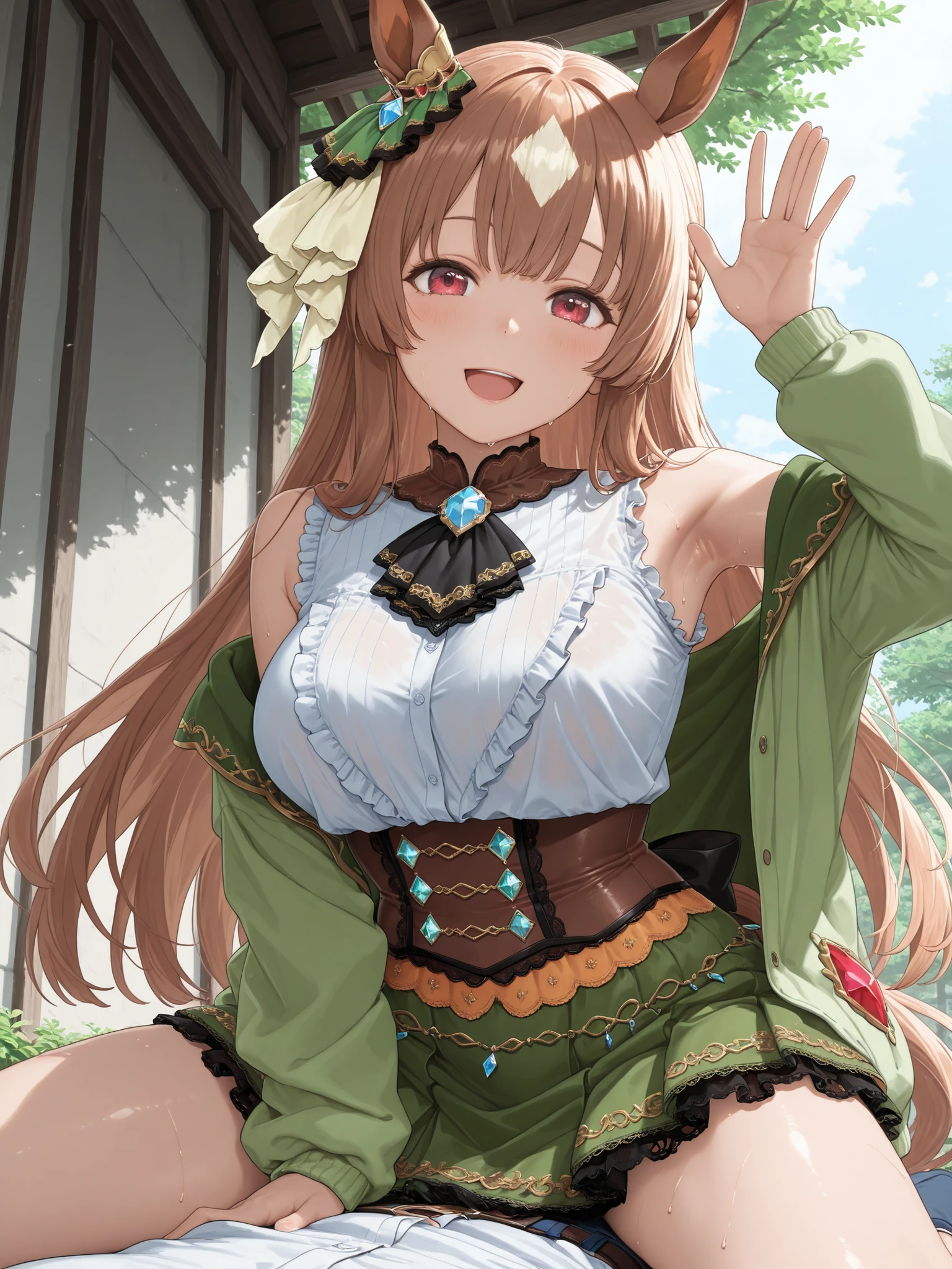 sleeveless,(Soft Touch, Delicate Body Curves,  Realistic human anatomy ,Armpit,sweat),score_9, score_8_up, score_7_up, Source_anime, solo, 1girl, satonodef , happy, waving with a smile, half updo, braids, sits on top of the beast ear, ear ornament, frills, green dress, green jacket, white shirt, Black Ascot, Oversized sweatshirt with sleeves over fingertips , frills袖, corset, green skirt,  black thigh , Jirio Mahonoji, Outdoors 