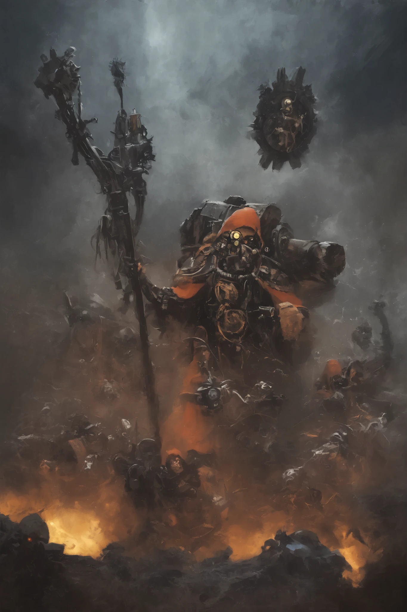 Adeptus Mechanicus ,
check_9, check_8_up, check_7_up, white hair, dark makeup, adeptus mechanicus techno priestess, (Goth girl), (1 girl), in a red robe with a hood, red robe, tech priest, mechanical joints, Additional eyepieces on the head, red sparkling eyepiece instead of an eye, mechanical claw from the back. Mechanical extra arms. Dynamic pose with weapons.
(He holds a long old Opened_Scroll scroll of parchment with the red wax seals of the Inquisition and reads it).
the cherub is flying in the background, hovering above, fun, very detailed,
detailed background. Against the background of a Lehman Russ tank workshop like The conqueror Looted Leman Russ.
In the foreground, pipes of steam flowing are very blurred and obscured. Закатное освещение soft shadows. Rays of light from small windows with bright stained glass windows converted into a chapel workshop highlight the abundant vapor and dust in the air.
The atmosphere of creation and worship, Warhammer 40 ,000, warhammer 40k, grimТемный
in the style of бексинский, Escher, giger, , Dark fantasy art , Vivid contrasts , bright colors, dry brush ,
Warm sunset light in the center and cold mechanical light along the edges of the frame.
dry brush , oil on canvas , cinematic composition, high resolution ultra HD 8k, highest detail, soft shadows, dramatic lighting.
amazing quality. The composition is very rich in details.