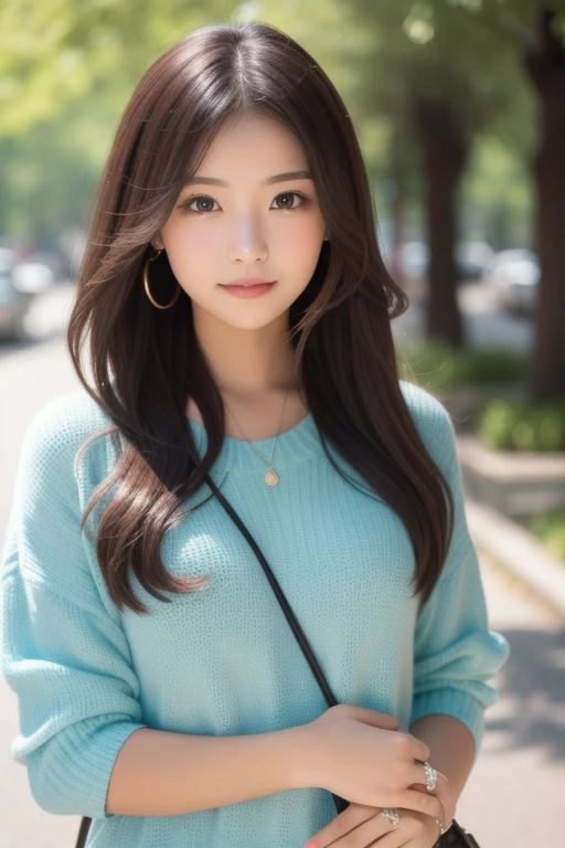 table top, highest quality, shape, Super detailed, finely, High resolution, 8k wallpaper, 完璧なダイナミックな構shape, beautiful and detailed eyes, Nice spring clothes,beautiful straight hair,small breasts,natural color lip, 20 year old girl、cute、sexy shot looking at camera,Always blur the background,perfect and beautiful face,Beautiful and dense face、slim face and style,Big eyes、Do gal makeup,real photos（best image quality）、sexy face、fashion model pose、full body shot、Smile、Sheer tops(Show your belly)、shorts（long sleeve）、Please make a cute face、blurred background