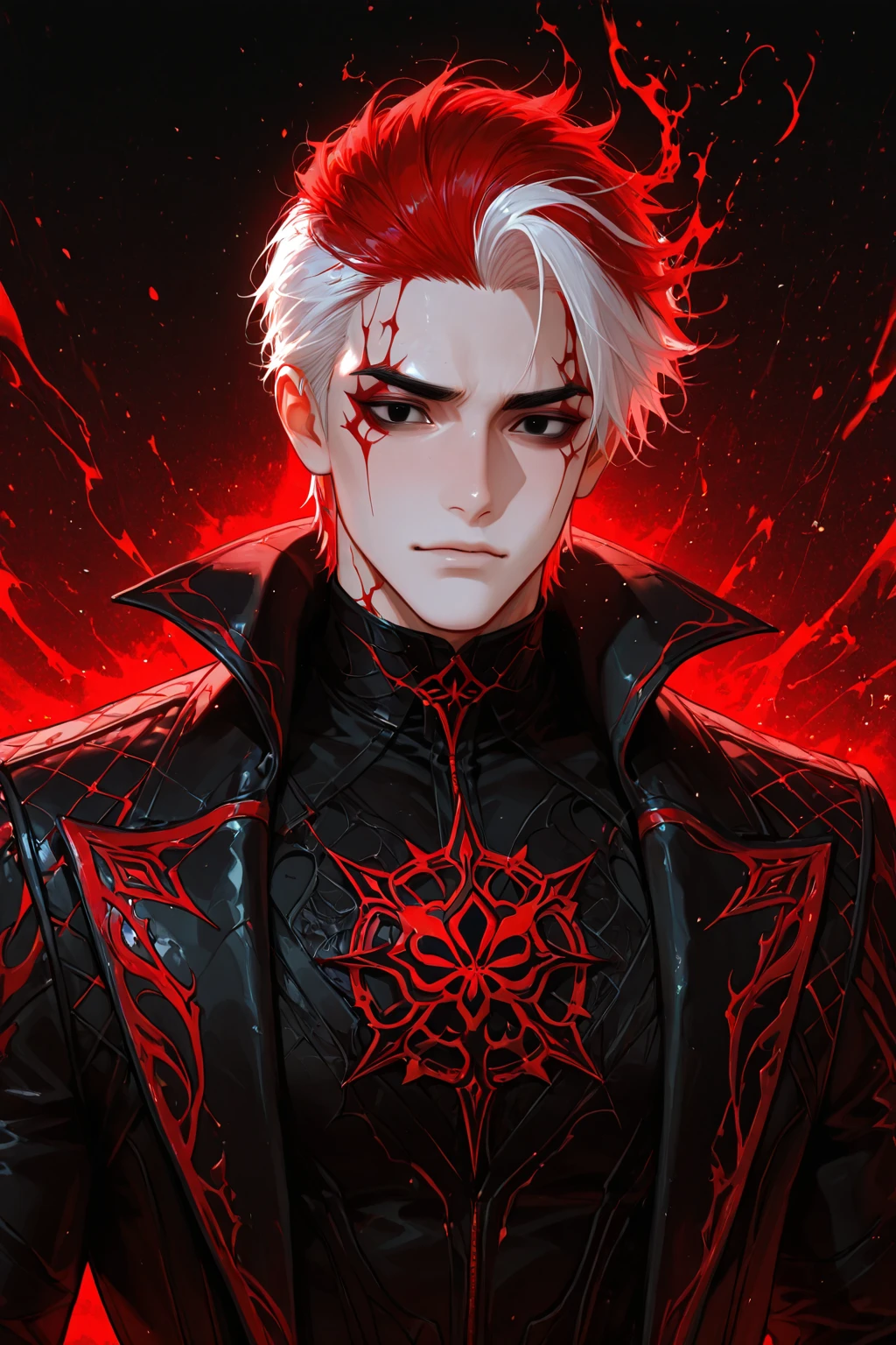 I want a male character with white hair and red eyes with a serious face and a black turtleneck based on the free fire character and with a red background with a black house in the background and a dragon near the bottom 

