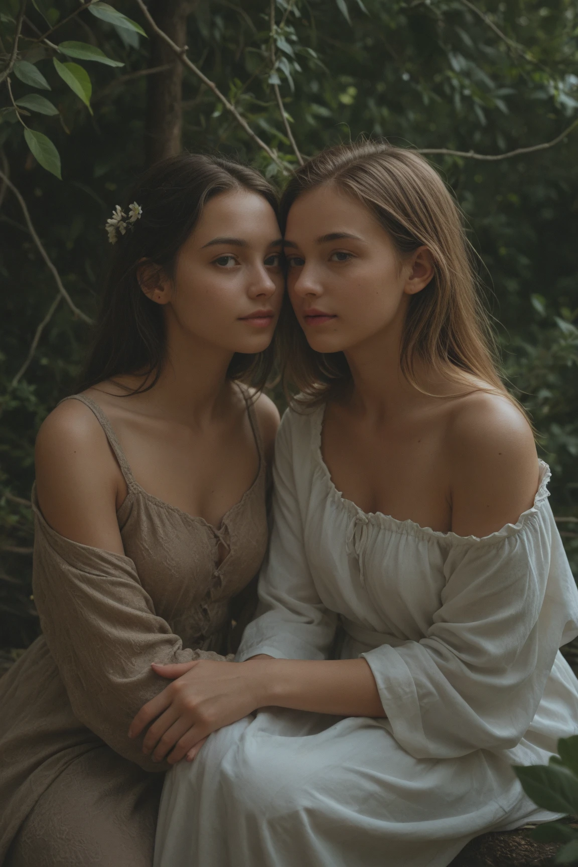 deux femmes de 25 ans, Emma Watson et Nathalie Portman, chef d'oeuvre, ultra réaliste, HD, masterpiece, , , nue, dans une foret, sous la pluie, corps mouillé, cheveux mouillés, maquillage coulant, s'enlaçant, kissing, carressing the
