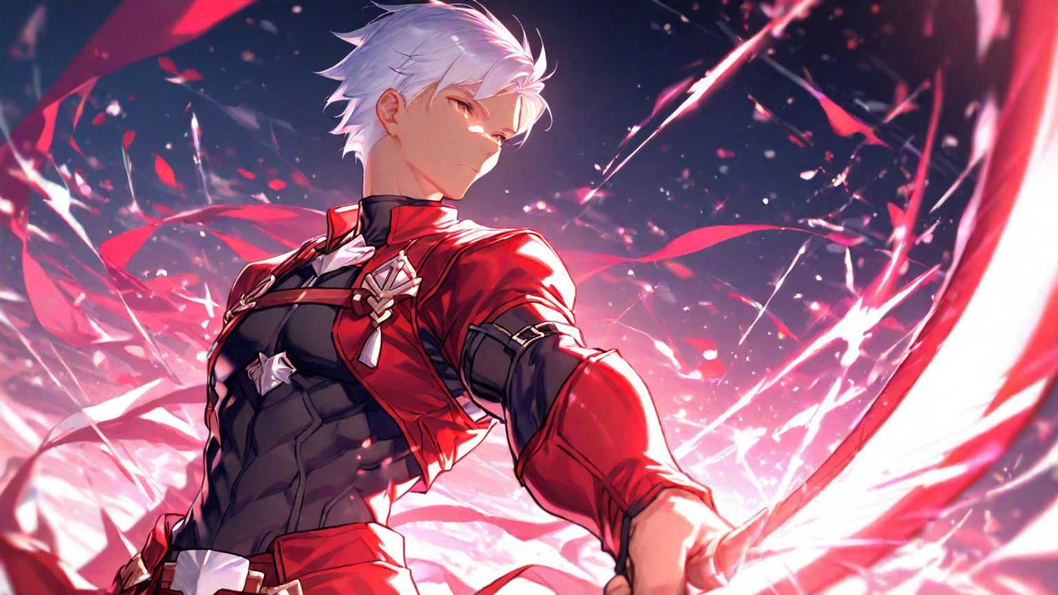 (absurdres, highres, ultra detailed, HDR) master piece, best quality, delicated features, Ragna the bloodedge, white spiky hair, heterochromia, his left eye being green, his right being red, Blazblue, his clothing consists of a hybrid of modern, futuristic and old features, he wears a vibrant red sleeved jacket, under it is a black shirt with three red belts and also several belts covering his right arm, he wears a pair of black gloves, solo,  man, handsome, water, blossoms, pink butterflies, pink flowers