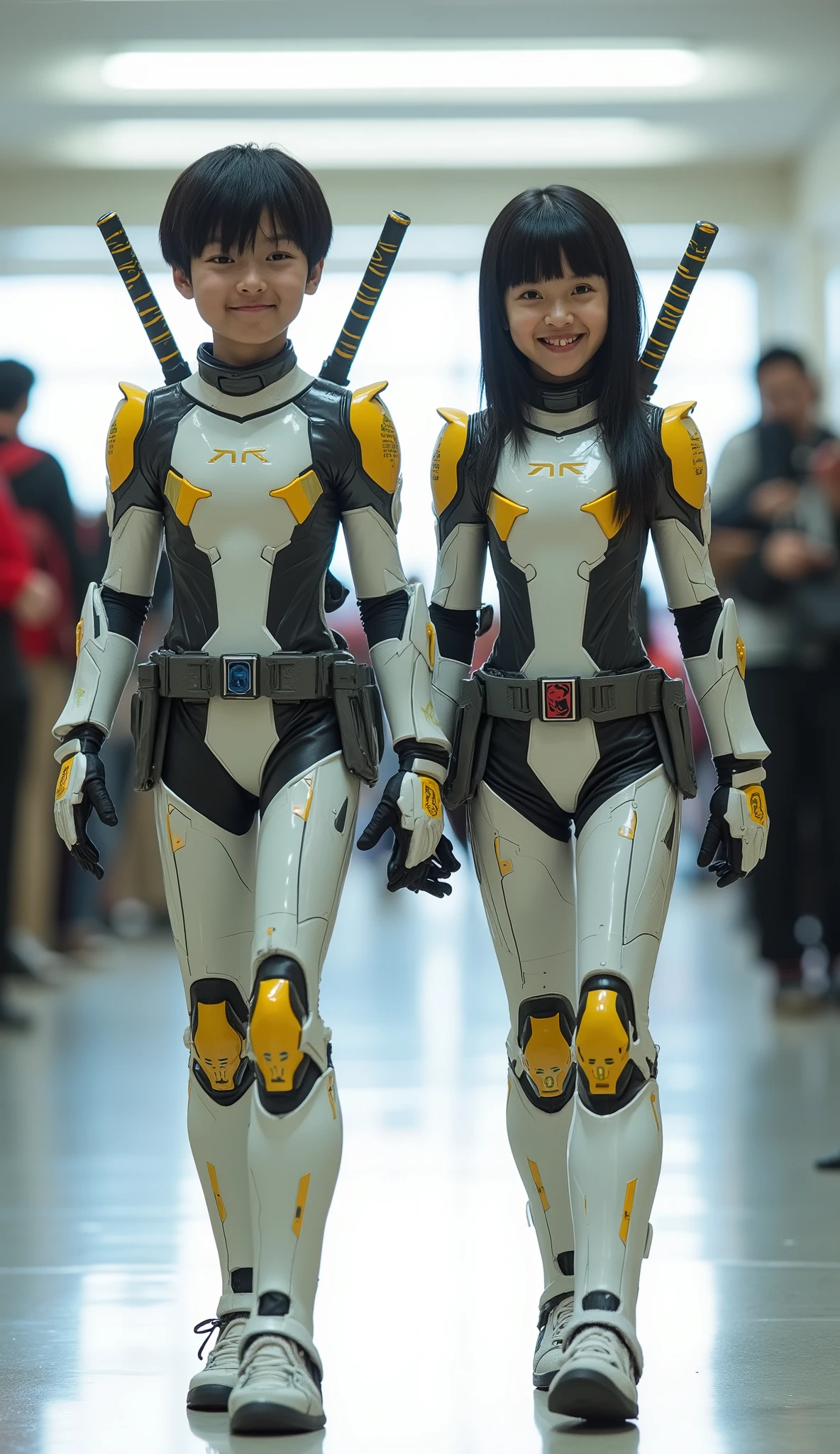 character: 1 asian preteen boy black hair and 1 asian preteen girl black hair Straight with bangs .
action: Walking straight.
Accessories: each of them has two swords on their backs.
Expression : smiling. Looking at the camera.

Costume : they Wearing futuristic are bright white electric gundam Deadpool body suit with futuristic yellow  accents armor. Full body view.

 Background :  A bright indoor public space ,  with people vaguely seen in the distance ,  indicates that this picture was taken at a fun event or meeting ,  may be a convention or costume party .  They radiate happiness while walking confidently in their superhero costumes. Full body.