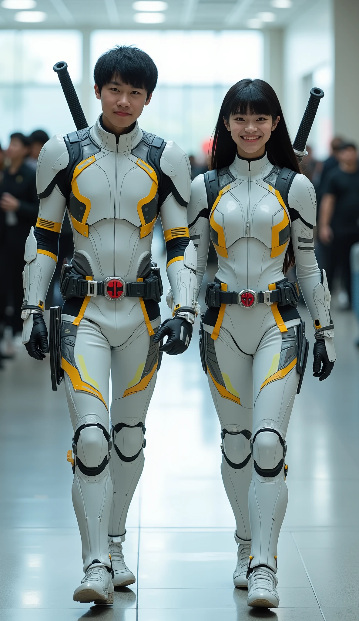 character: 1 asian young man and 1 asian young woman black hair Straight with bangs .
action: Walking straight.
Accessories: each of them has two swords on their backs.
Expression : smiling. Looking at the camera.

Costume : they Wearing futuristic are bright white electric gundam Deadpool body suit with futuristic yellow  accents armor. Full body view.

 Background :  A bright indoor public space ,  with people vaguely seen in the distance ,  indicates that this picture was taken at a fun event or meeting ,  may be a convention or costume party .  They radiate happiness while walking confidently in their superhero costumes. Full body.