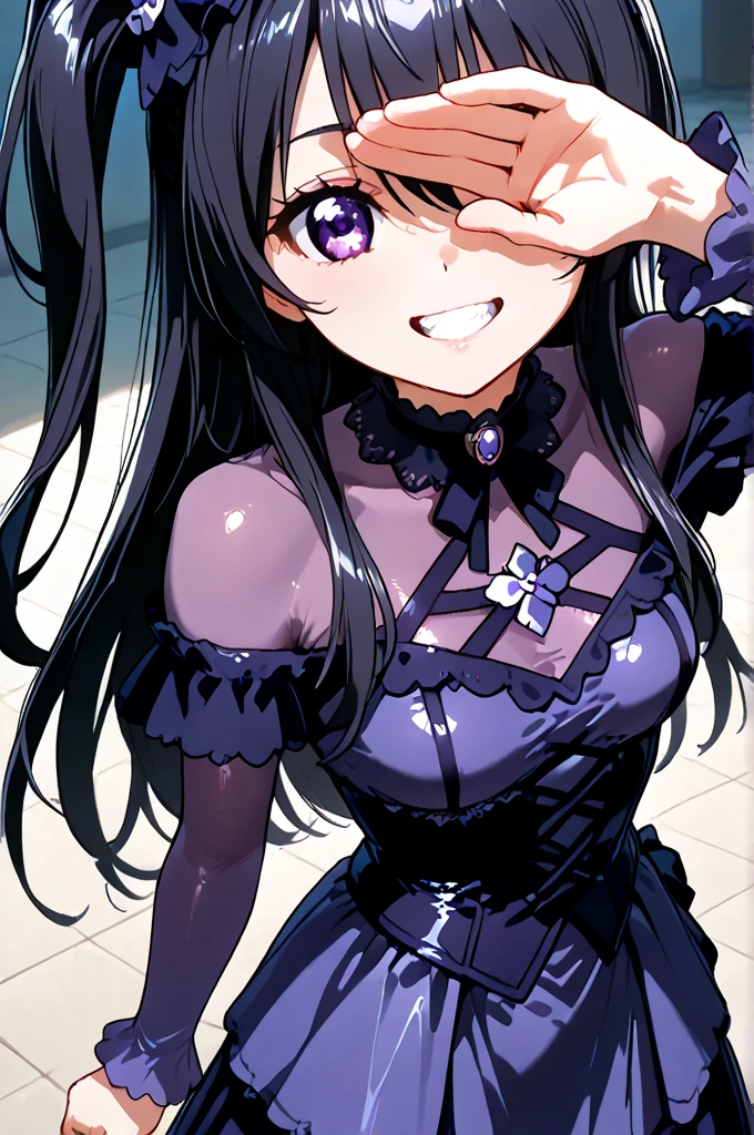 Highest quality　Highest quality　Draw a face carefully　High-definition anime-style face　Super Glowing Skin　Long black hair　Black leotard　Purple pantyhose　Succubus　lure　smile　sit