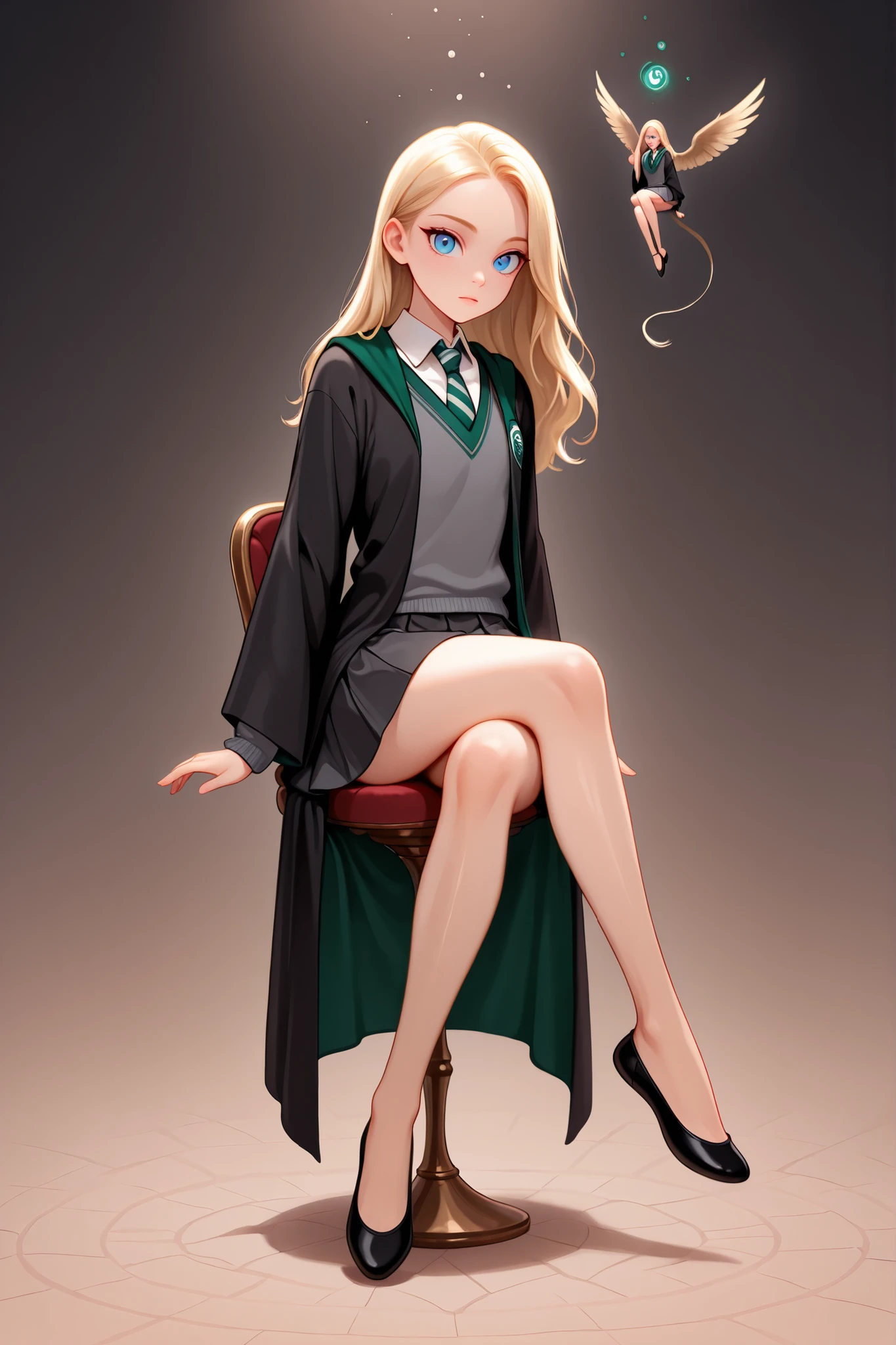 score_9, score_8_up, score_7_up, best quality, masterpiece, 4k resolution, 1girl, solo, youthful, young, beautiful, full body, long hair, blonde hair, blue eyes, looking at viewer, elegant posture, bare legs, smooth body, clean skin,  hogwarts uniform, slytherin, black robe, necktie, striped necktie, collared shirt, sweater, pleated skirt, grey sweater, flats, ballet shoes, black shoes, sitting posture, legs crossed, floating, floating in the air, off ground, levitating, thinking posture, vibrant expression, 