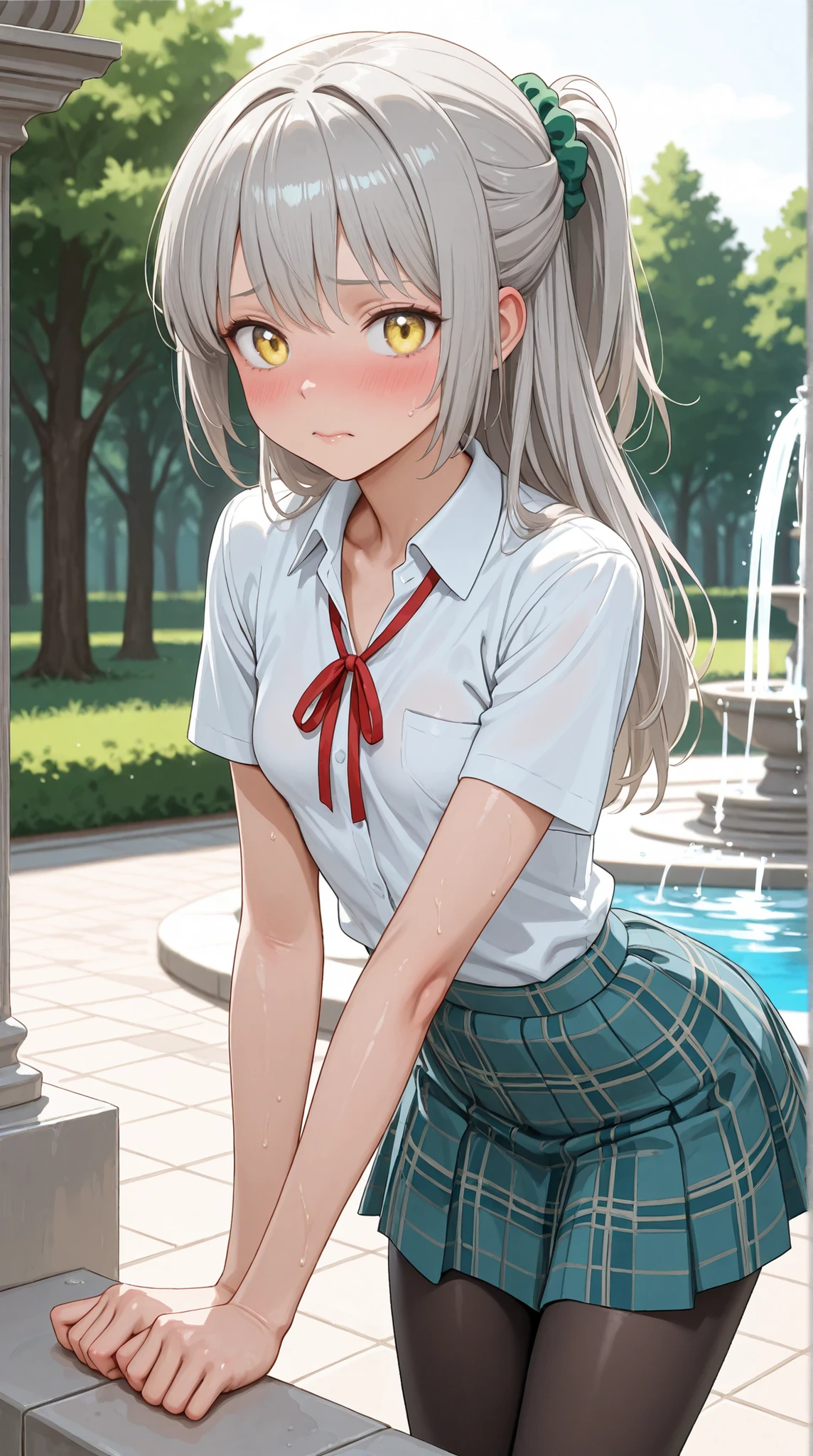 8K (high resolution) (Super Detailed) (masterpiece) (Highest Quality) anime illustration detailed eyes detailed face Feminine Detailed Hands Delicate hair detailed wrinkles on clothes fine skin detailed background solo yellow eyes (Grey Hair) Long hair tie back hair with red ribbon bungs (small breasts) flushed cheeks embarrassed expression Student uniform Open Collar Shirt Checkered Skirt black tights wear a green scrunchie on your arm Park fountain Dynamic The bursting water mysterious