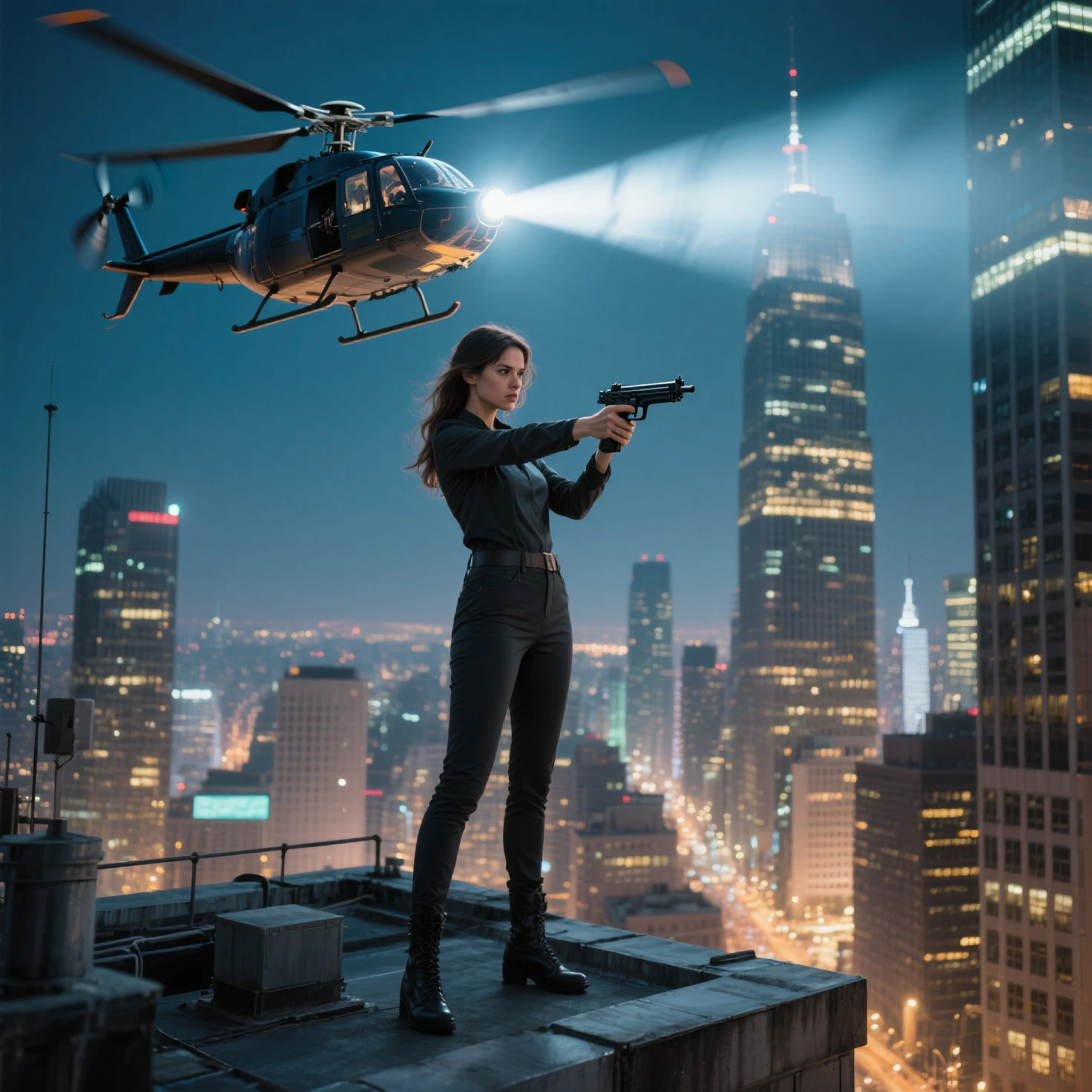 (((At night, ((very dark sunset sky)), (((1girl, solo))), a western woman, photo realistic, large-breast:1.2 slim body, cleavage, off tube top, short pleated miniskirt, standing on rooftop, (matrix style black sunglasses), (((aiming towards viewer with a short:0.8 pistol))), half-body thigh level medium:1.2 shot))). In the background, simple aerial view of a sci-fi futuristic city, (((flying vehicle speeding towards viewer))).