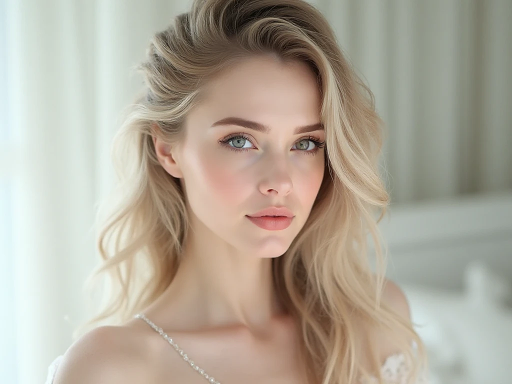 Femme blonde aux cheveux longs et haut blanc se regardant dans le miroir, mulher belle blonde, photo de portrait douce 8k, une belle blonde, femme blonde, traits blonds et attrayants, belle blonde, photo d'une belle femme, blonde belle jeune femme,assise sur un canaper