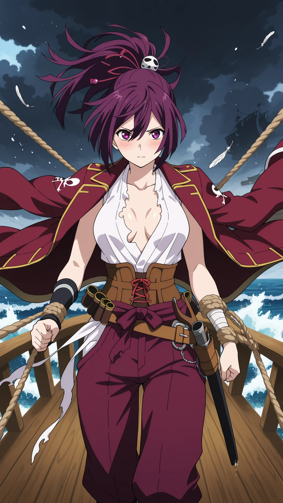 BREAK (masterpiece:1.2), best quality, high resolution, unity 8k wallpaper, (illustration:0.8), (beautiful detailed eyes:1.6),Wooden deck of an old pirate ship,  
waves crashing violently against the hull,  
sails torn and ropes whipping in the wind,  
dark storm clouds above,  
anime cinematic scene, dramatic and detailed, yuzuriha, hair ornament, purple eyes, ponytail, purple hair,medium breasts,Detailed design of female pirate outfit,  
tricorn hat with feathers,  
long leather coat with golden embroidery,  
corset with belts and straps,  
flowing white blouse,  
wide trousers tucked into high boots,  
cutlass and pistol holsters,blush,looking at viewer,cowboy shot,