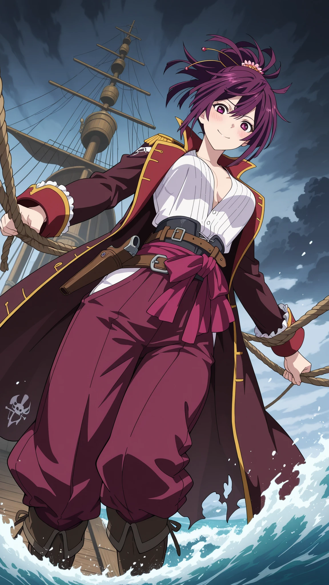 BREAK (masterpiece:1.2), best quality, high resolution, unity 8k wallpaper, (illustration:0.8), (beautiful detailed eyes:1.6),Wooden deck of an old pirate ship,  
waves crashing violently against the hull,  
sails torn and ropes whipping in the wind,  
dark storm clouds above,  
anime cinematic scene, dramatic and detailed, yuzuriha, hair ornament, purple eyes, ponytail, purple hair,medium breasts,Detailed design of female pirate outfit,  
tricorn hat with feathers,  
long leather coat with golden embroidery,  
corset with belts and straps,  
flowing white blouse,  
wide trousers tucked into high boots,  
cutlass and pistol holsters,blush,looking at viewer,cowboy shot,smile,horny face,from below,arched back,