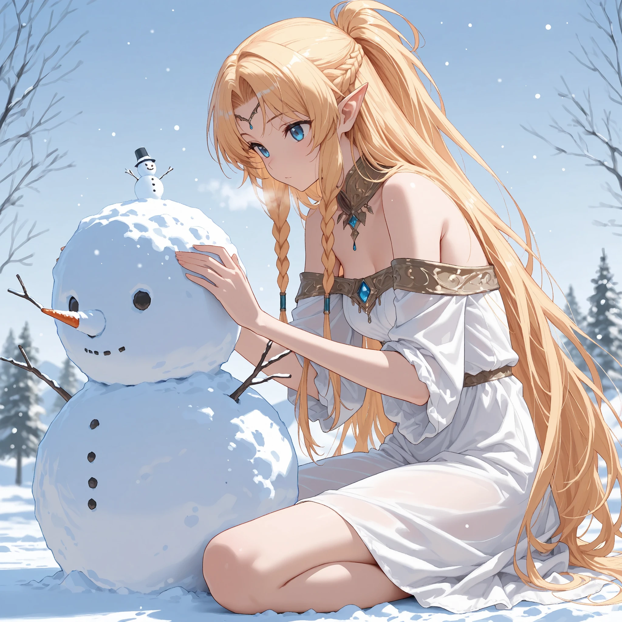 Muller, 1girl, very long hair, twin side braids, sidelocks, short ponytail, half updo, parted bangs, blonde hair, blue eyes, pointy ears, small breasts, circlet, ,absurdres,very aesthetic,best quality,masterpiece,Ultra High Definition,  highly detailed, sharp focus, crisp details, intricate details,.wearing a soft, thin, off-shoulder dress, sitting and making a snowman,soft fabric,fullbody