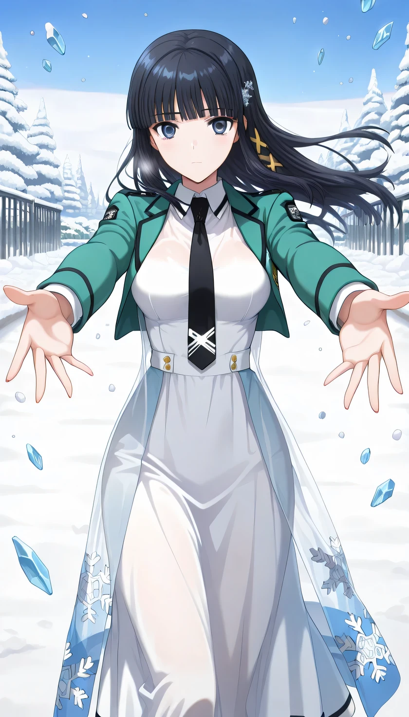 {{{masterpiece}}}, (best quality:1.5), (ultra-detailed:1.5), {illustration}, {{an extremely delicate and beautiful}}, (beautiful detailed eyes:1.6), absurdres, highres, extremely detailed face, 16k, hd, visual anime de uma jovem mulher, extremamente bonito rosto de anime, anime melhor garota, (perfect hands, perfect anatomy), (five fingers:1.1), anime face, Shiba Miyuki(The Irregular at Magic High School), 1girl, solo, cute face, siboshenxie, black hair, long hair, blunt bangs, sidelocks, snowflake hair ornament, yellow x hair ornament, black eyes, blue eyes, medium breasts, big hips, curvaceous, BREAK, {school uniform}, MiyukiSchool, green cropped jacket, green long sleeves, (open jacket:1.2), white dress, (long dress:1.2), (see-through dress:1.2), collared shirt, white collared shirt long dress, black X necktie, shimmering overlay, print dress, blue dress, snowflake print, BREAK, 1girl, solo, floating hair, Combat Ready, looking at viewer, flash effect, expressionless, outdoor, winter, (snow:1.5), (blizzard:1.4), (ice crystals:1.3), daytime, In front of the school gate, outstretched arms, peer in from below