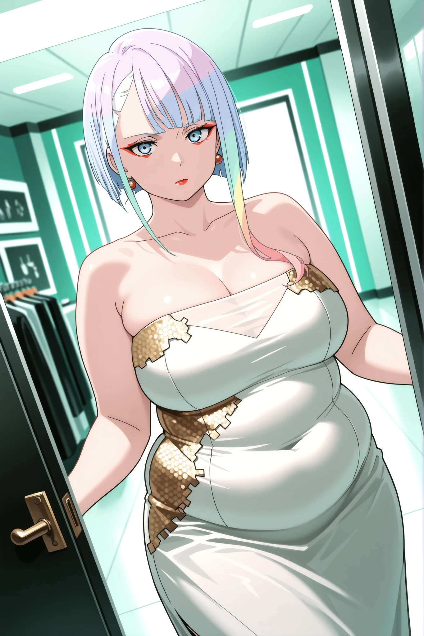 chubby,plump,WeightChubby,masterpiece, best quality, absurdres,
ERLucy, 1girl, multicolored hair, asymmetrical hair, cyborg, looking at viewer, Dutch angle, beaded dress, earrings, elegant, makeup, fancy party room, indoor, dramatic light