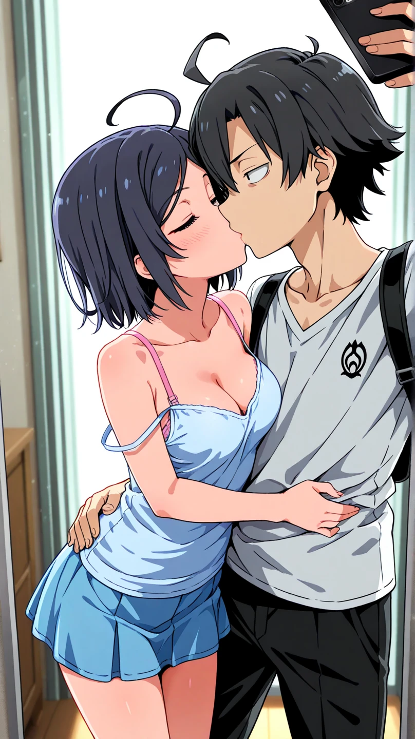  best quality ,、 Sairenji Haruna、 purple hair、 hair clip、 short hair、 purple eyes、Big Breasts、Big Breasts、Big Breasts、 happy、Pink Bedroom、 pink light、 Faceless Man、Embrace each other、Kiss,ntr, Netorare 