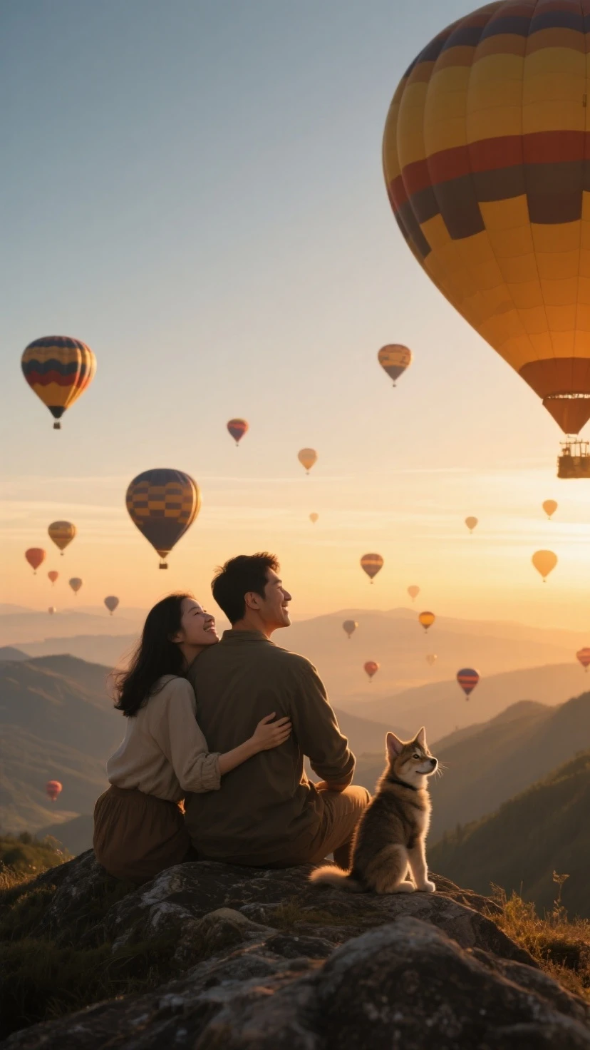 romantic Indonesian couple; man with short black hair; woman with long straight black hair, sitting in a basket with a hot air balloon, colorful hot air ballon, hanging from a hot air balloon, as an air balloon, flying towards the camera, stunning surrealist sky, depictation landscape, they are smilling, happy, romantic pose, taken on go pro hero8, flying in the air, hot air balloons, up, facing the camera, photorealistic, 1536px, high quality.