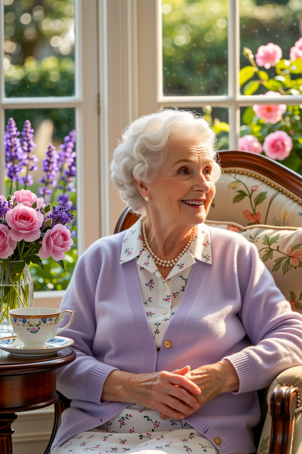 ( :1.3), ( :1.4), (:1.6), (queen elizabeth 90yo at hospital), (look down:1.4), (profile side), (excessive on :1.4) (:1.4), (white chiffon blouse:1.5), (black skirt:1.3), (from belove:1.4)