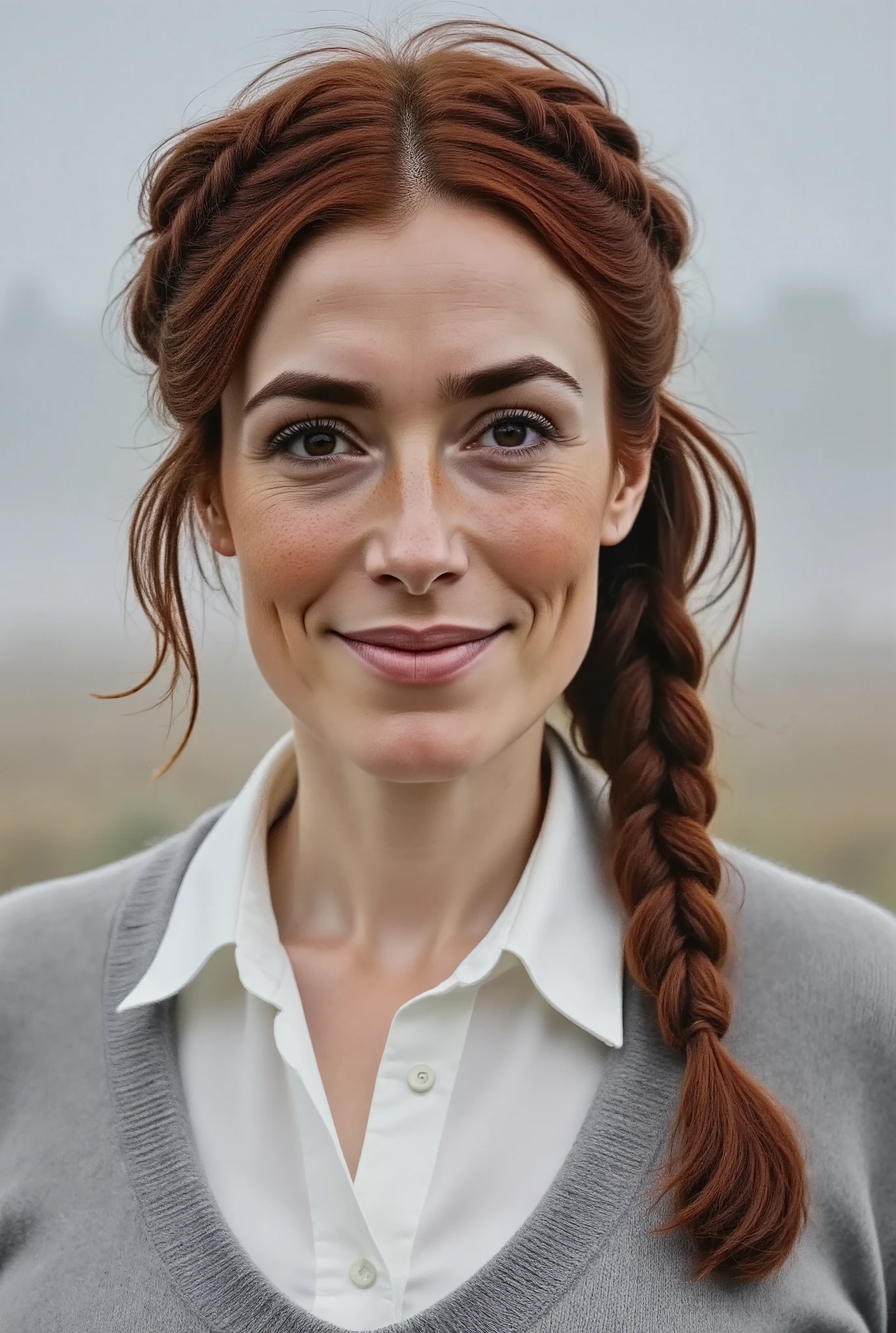 close-up picture of a beautiful 40-year-old woman, crown braid hairstyle, white button up blouse worn under a grey wool sweater. smiling. brown eyes.