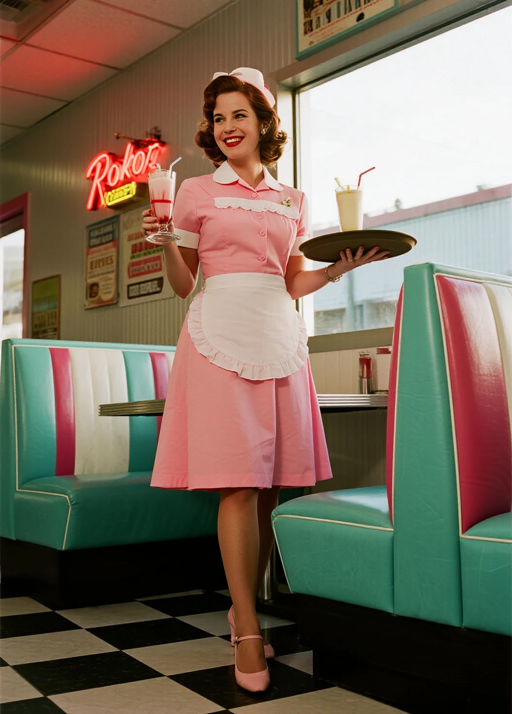 35mm film photography of  brunette girls in a bakery in pin-up style aprons in bright pastel colors