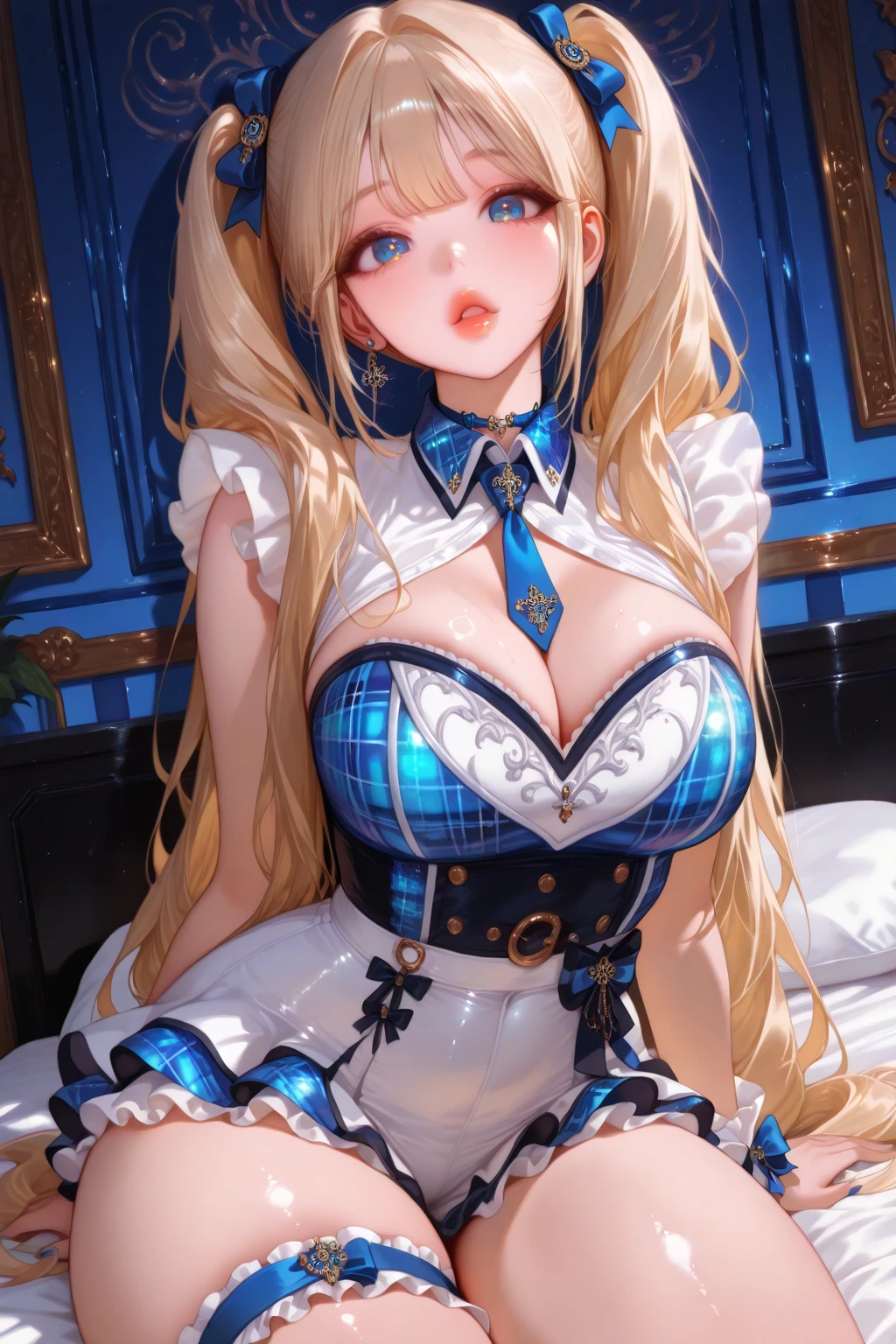 High resolution, ((Highest quality)), (Very detailed),Cinematic lighting、 (beautiful), ((Detailed hotel large bed top:1.3)), alone,(10 years old:1.3)、beautiful顔、Fine grain、(Glossy lips:1.3),Slender figure、(Narrow waist:1.4)、(alice in wonderland costume:1.4),Anatomically correct、Off-the-shoulder dress、(Wide open ?????:1.7)、(?????????????:1.5),(Pink ???????)、Thighs、White and clear skin、Blue ribbon on head、Shiny pale colorful blonde long hair,Face of joy、White lace panties are visible、(Female organ)、(??????????????????:1.5)、