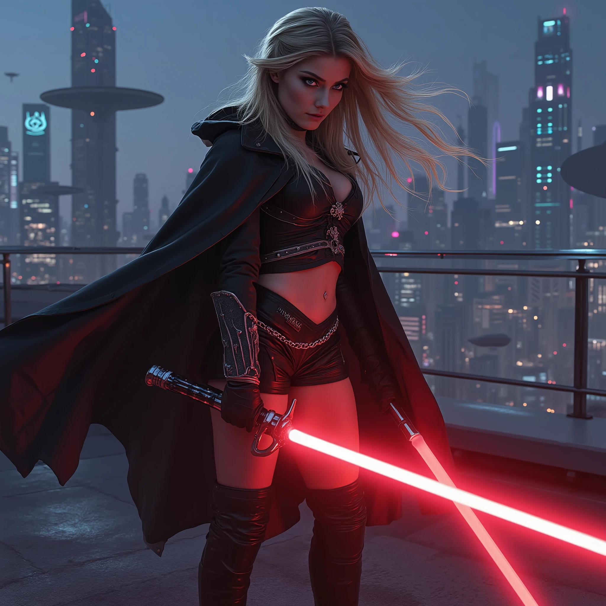 sehr detailliert , Meisterwerk, Dynamic battle scene of a Sith assassin on a roof terrace, She holds a red lightsaber. the head slightly lowered, determined look at the viewer. have her big , blue and penetrating eyes, full intensity, convey an invincible confidence. Her face is illuminated red by the glow of her lightsaber. she is wearing a black cape , including a tight-fitting cropped combat suit with a deep neckline and short shorts. black with subtle accents and ornaments in silver, that accentuates her figure in a graceful way. filigree chain decorations adorn the exposed areas, while the rest of the body is tightly wrapped. On the long legs black leather boots, that reaches below the knees. The long, golden blonde hair twirls dramatically. The background shows a ultra-modern city skyline with floating platforms at night. The buildings reflect the neon light in cyan and magenta. Gloomy cyberpunk atmosphere. Cineastischer Look, dynamic perspective.