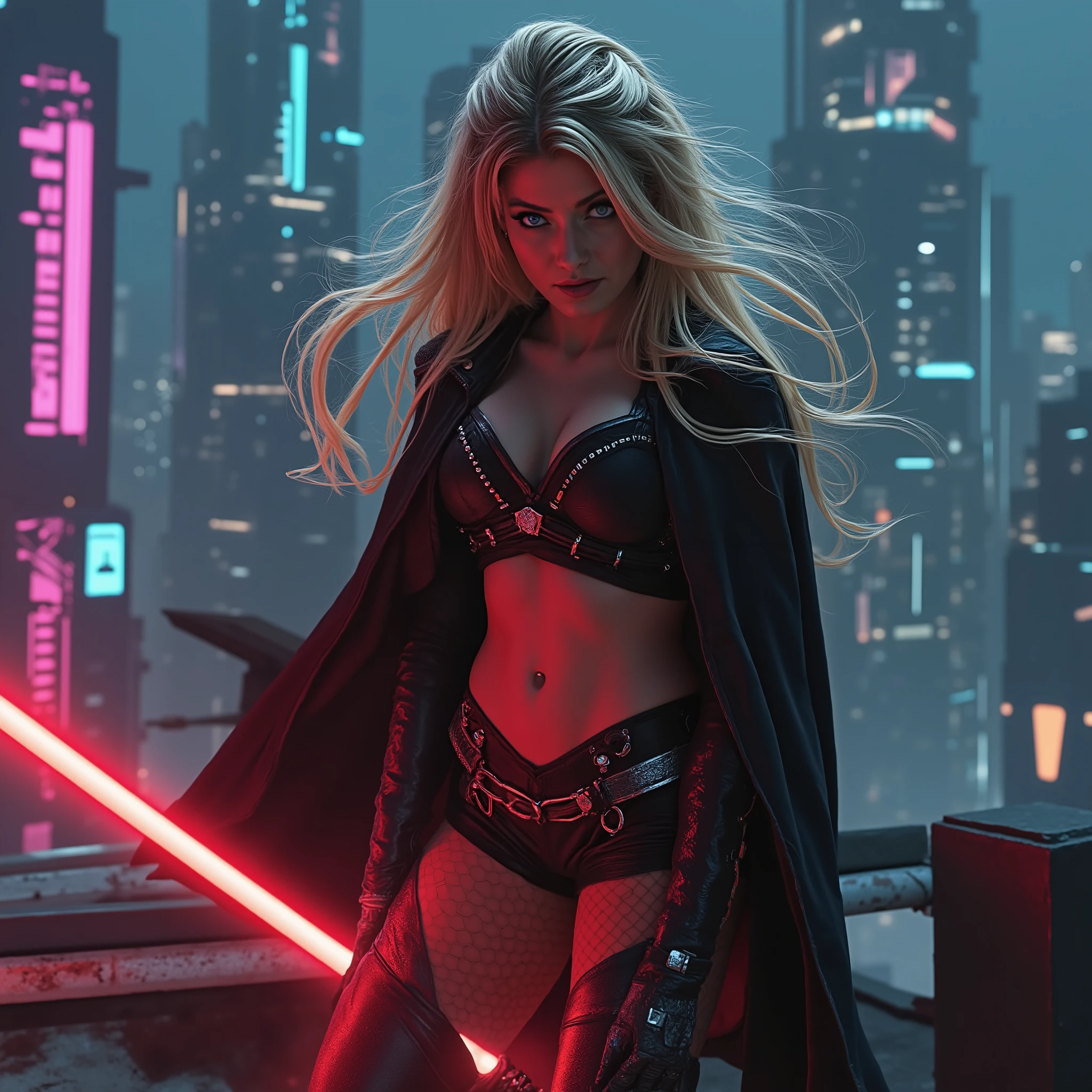 sehr detailliert , Meisterwerk, Dynamic battle scene of a Sith assassin on a roof terrace, She holds a red lightsaber. the head slightly lowered, determined look at the viewer. have her big , blue and penetrating eyes, full intensity, convey an invincible confidence. Her face is illuminated red by the glow of her lightsaber. she is wearing a black cape , including a tight-fitting cropped combat suit with a deep neckline and short shorts. black with subtle accents and ornaments in silver, that accentuates her figure in a graceful way. filigree chain decorations adorn the exposed areas, while the rest of the body is tightly wrapped. On the long legs black leather boots, that reaches below the knees. The long, golden blonde hair twirls dramatically. The background shows a ultra-modern city skyline with floating platforms at night. The buildings reflect the neon light in cyan and magenta. Gloomy cyberpunk atmosphere. Cineastischer Look, dynamic perspective.