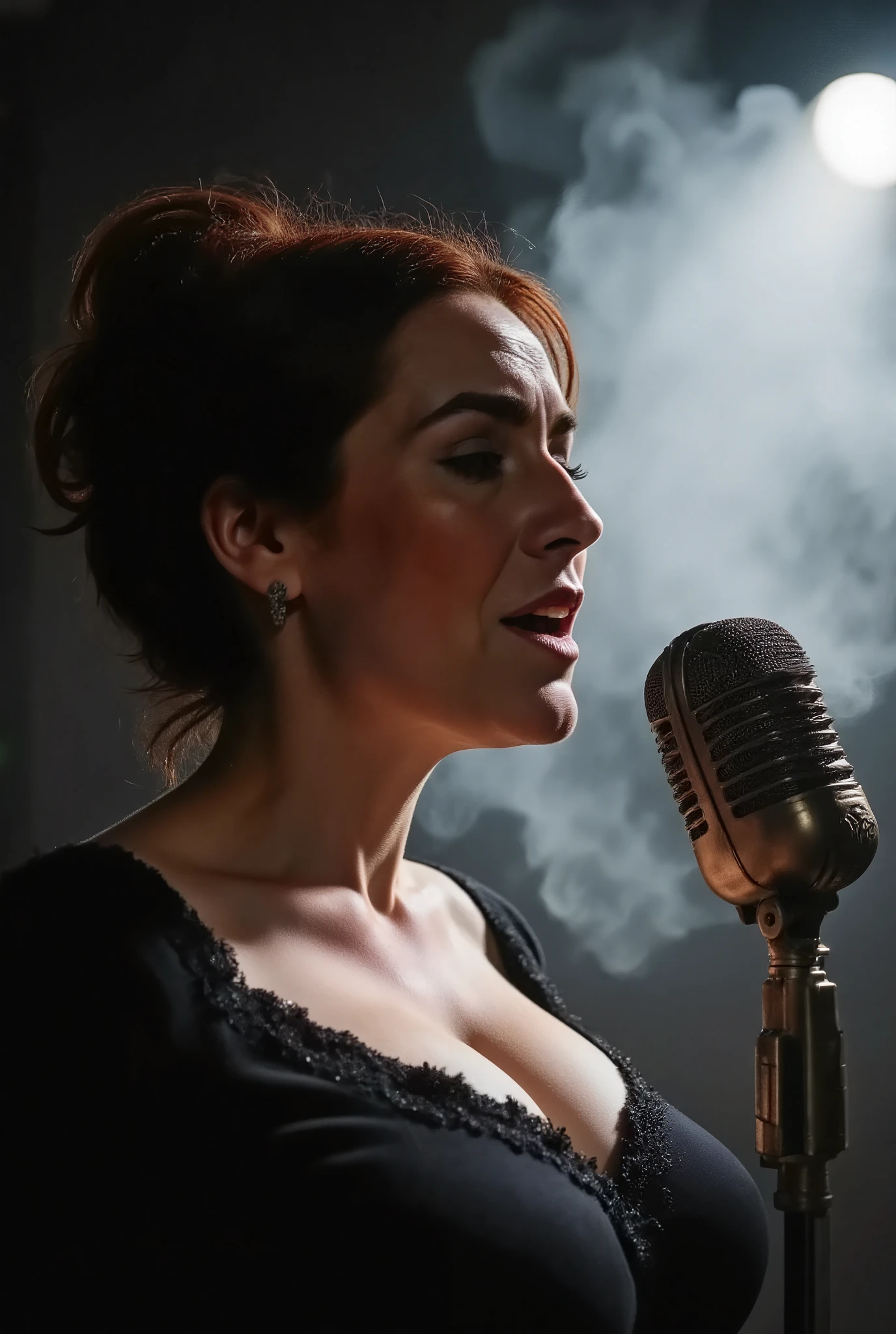 sideview close-up shot. a beautiful 40-year old woman on stage singing to a vintage microphone. Film noir style. Black dress. Light coming from behind draws a sharp silhouette. Smoke in the background. photorealistic picture, cinematic style, UHD, intricate details.