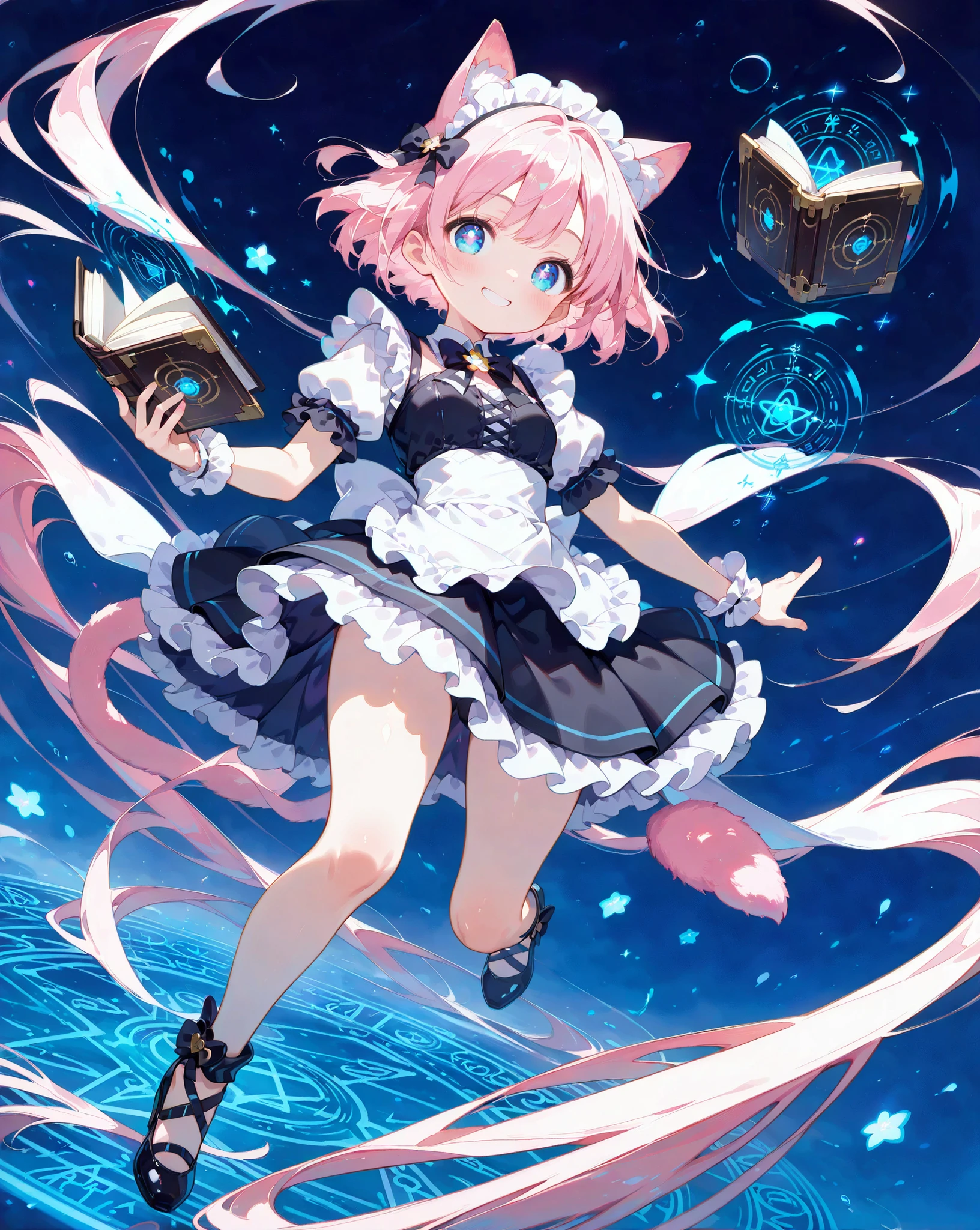 (masterpiece, best quality, ultra-detailed, high resolution),
(anime illustration, dynamic and futuristic art style, vibrant magical effects),
1girl, solo, kiraria_neon, (golden pink hair, short bob, cat ears made of hair), beautiful detailed cobalt blue eyes with star-shaped pupils,
(floating in the air, holding a glowing digital grimoire (magic book) in one hand, while casting a spell with the other:1.3), a confident and playful smile on her face,
(wearing a magical girl version of her cyber maid outfit:1.3), (the dress is now adorned with glowing holographic runes and ribbons of light:1.2), translucent magical fabrics that look like data streams,
(in a digital space or cyberspace), (a giant, complex holographic magic circle is glowing brightly behind her:1.4), particles of data and light are swirling around her,
(dynamic angle, dramatic lighting from the magic circle), glowing effects, motion lines, lens flare, cinematic lighting