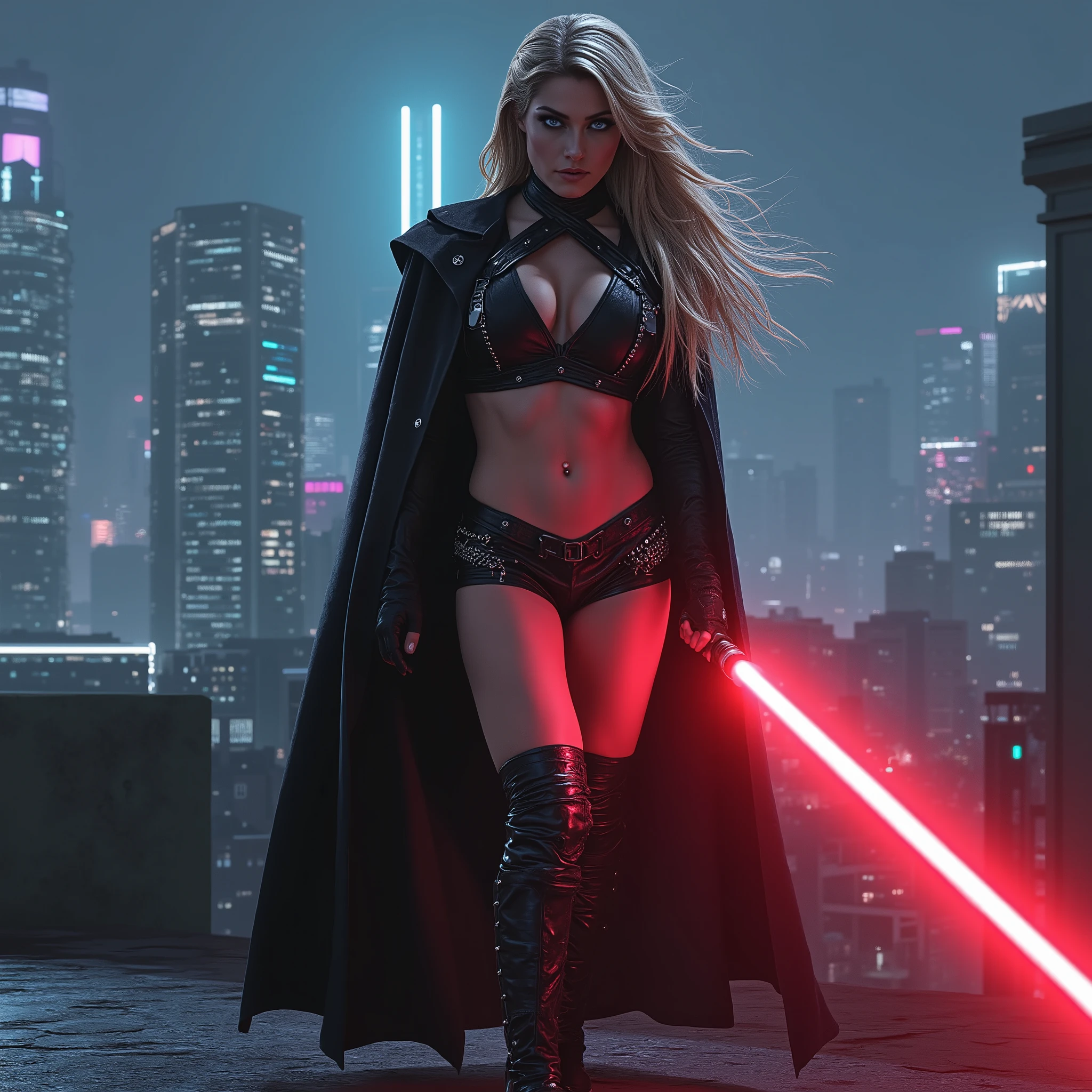 sehr detailliert , Meisterwerk, Dynamic battle scene of a Sith assassin on a roof terrace, She holds a red lightsaber. the head slightly lowered, determined look at the viewer. have her big , blue and penetrating eyes, full intensity, convey an invincible confidence. Her face is illuminated red by the glow of her lightsaber. she is wearing a black cape , including a tight-fitting cropped combat suit with a deep neckline and short shorts. black with subtle accents and ornaments in silver, that accentuates her figure in a graceful way. filigree chain decorations adorn the exposed areas, while the rest of the body is tightly wrapped. On the long legs black leather boots, that reaches below the knees. The long, golden blonde hair twirls dramatically. The background shows a ultra-modern city skyline with floating platforms at night. The buildings reflect the neon light in cyan and magenta. Gloomy cyberpunk atmosphere. Cineastischer Look, dynamic perspective.