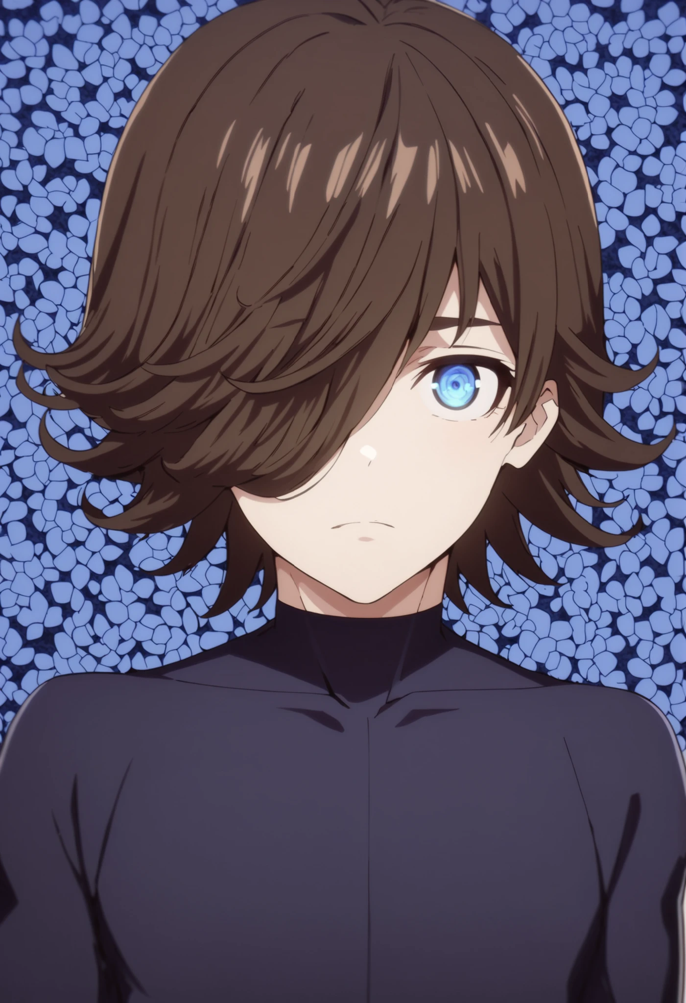 (high-quality, breathtaking),(expressive eyes, perfect face) Symmetrical Eyes, 1boy, male, solo, looking at viewer, seishirou_nagi, short hair, bangs, hair covering eye, rice shower, blue bodysuit, skin tight, blue bodysuit, Derby shoes , upper body, portrait, blue rose garden background, brown hair